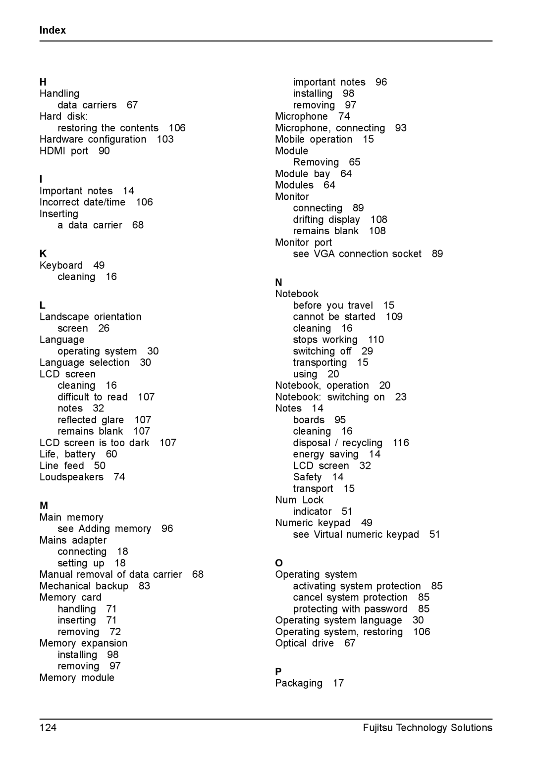 Fujitsu XBUY-T731-W7-001, FPCM11981 manual Index Handling 