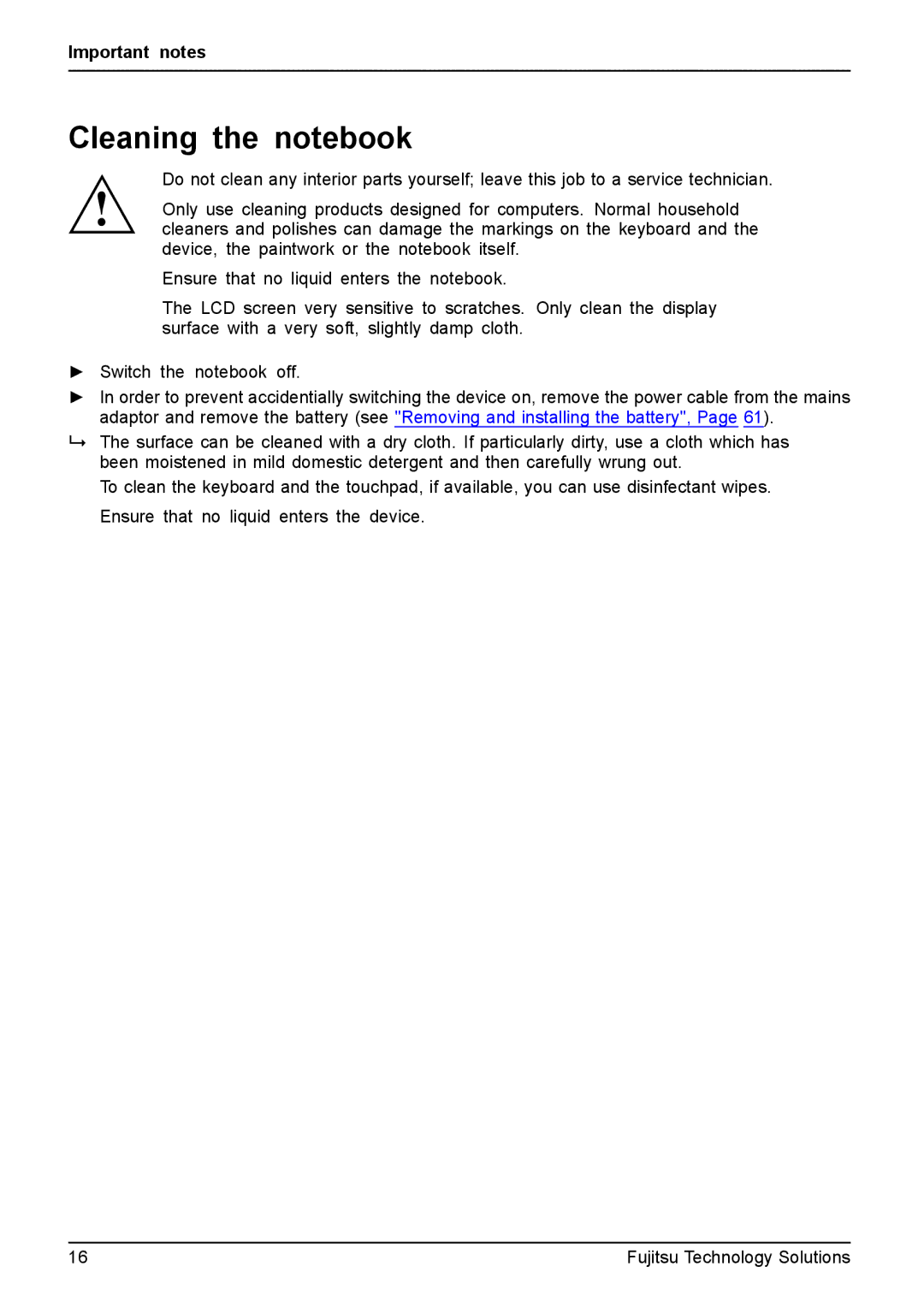 Fujitsu XBUY-T731-W7-001, FPCM11981 manual Cleaning the notebook 