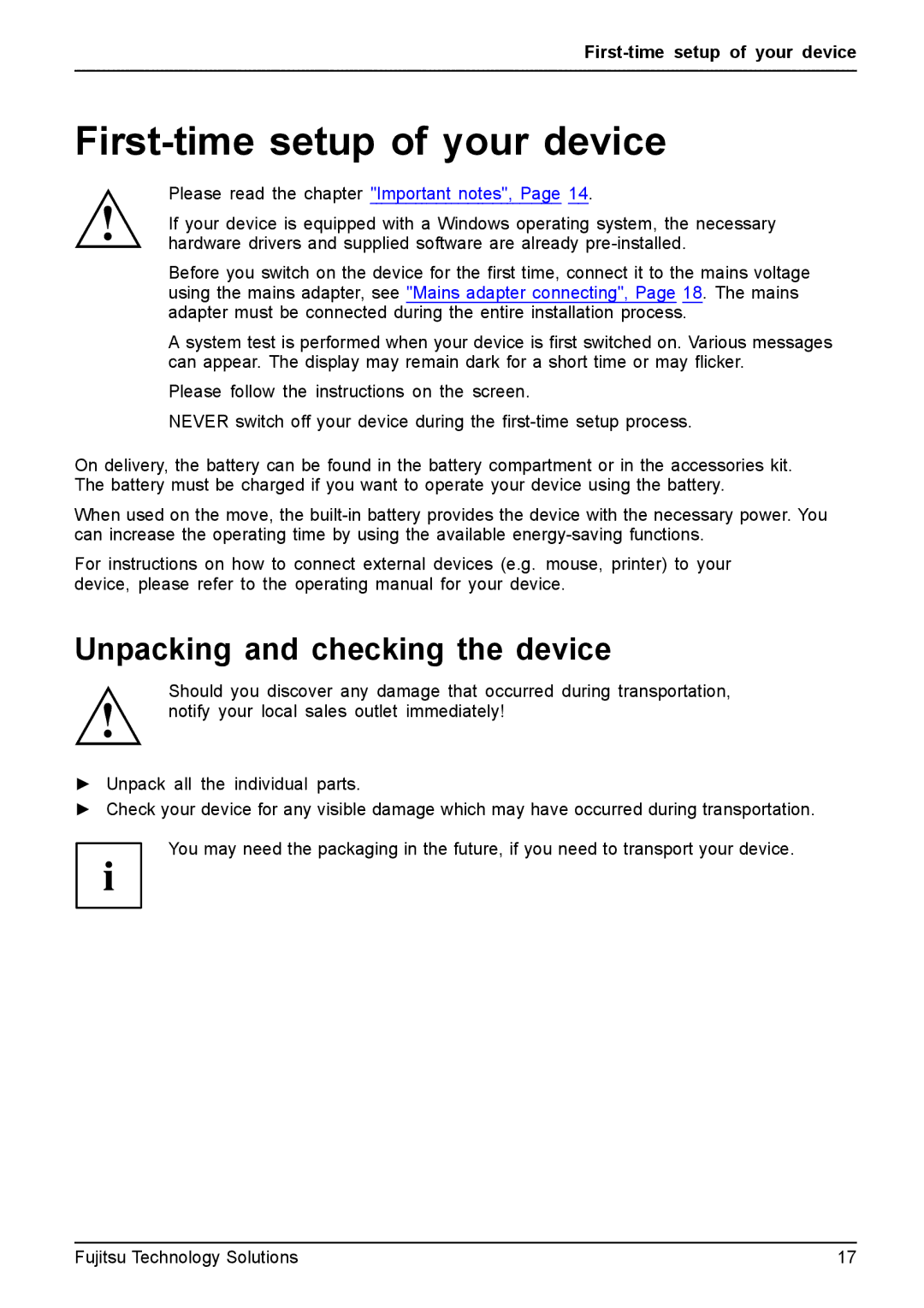 Fujitsu FPCM11981, XBUY-T731-W7-001 manual First-time setup of your device, Unpacking and checking the device 