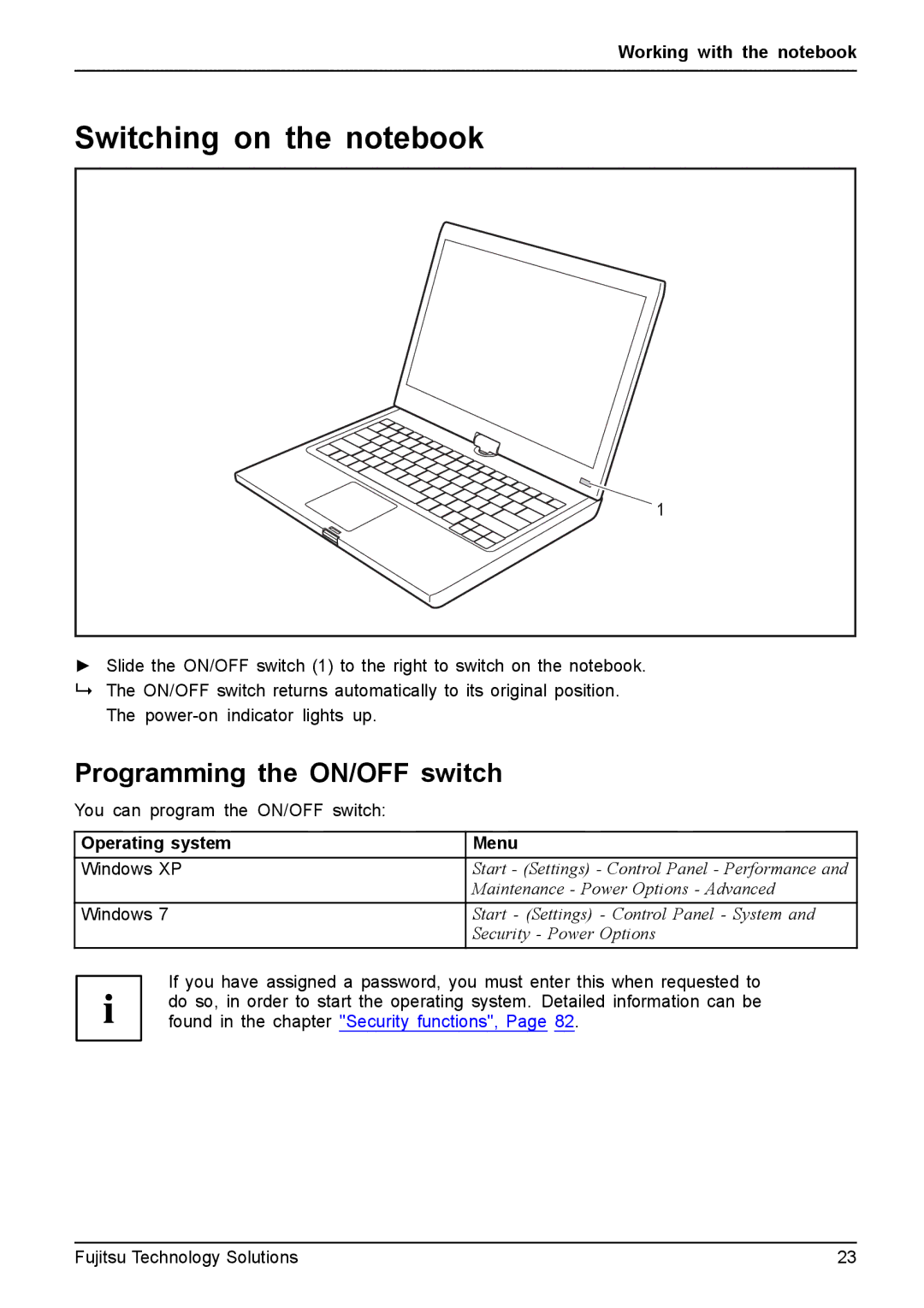 Fujitsu FPCM11981, XBUY-T731-W7-001 manual Switching on the notebook, Programming the ON/OFF switch 