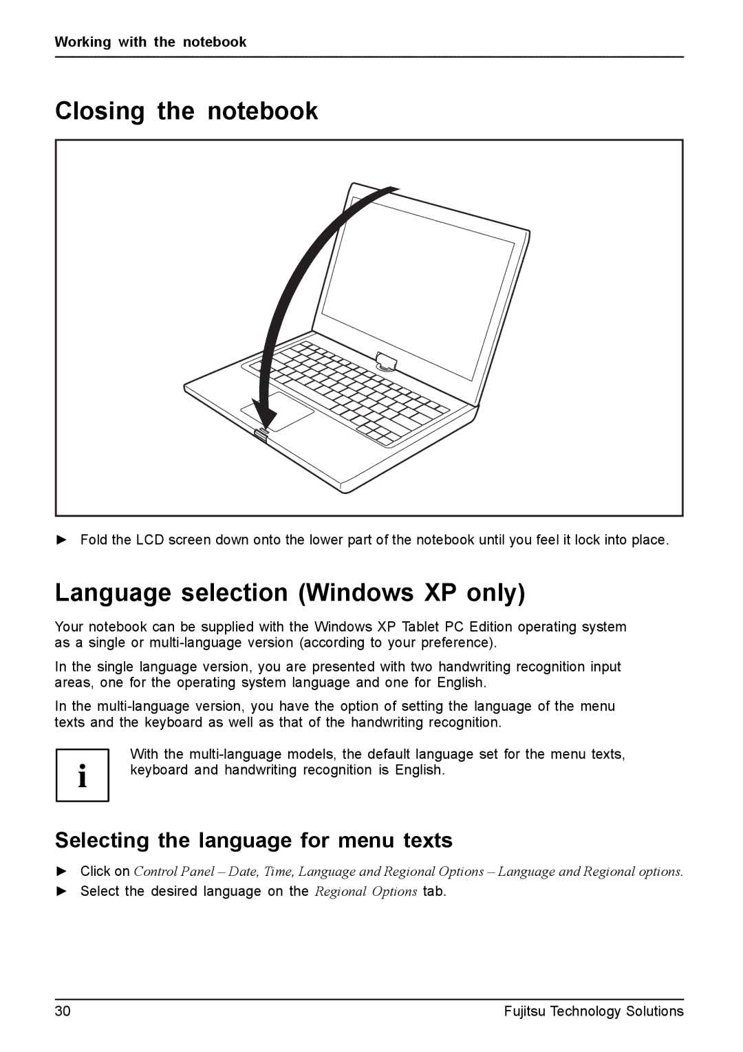 Fujitsu XBUY-T731-W7-001 Closing the notebook, Language selection Windows XP only, Selecting the language for menu texts 