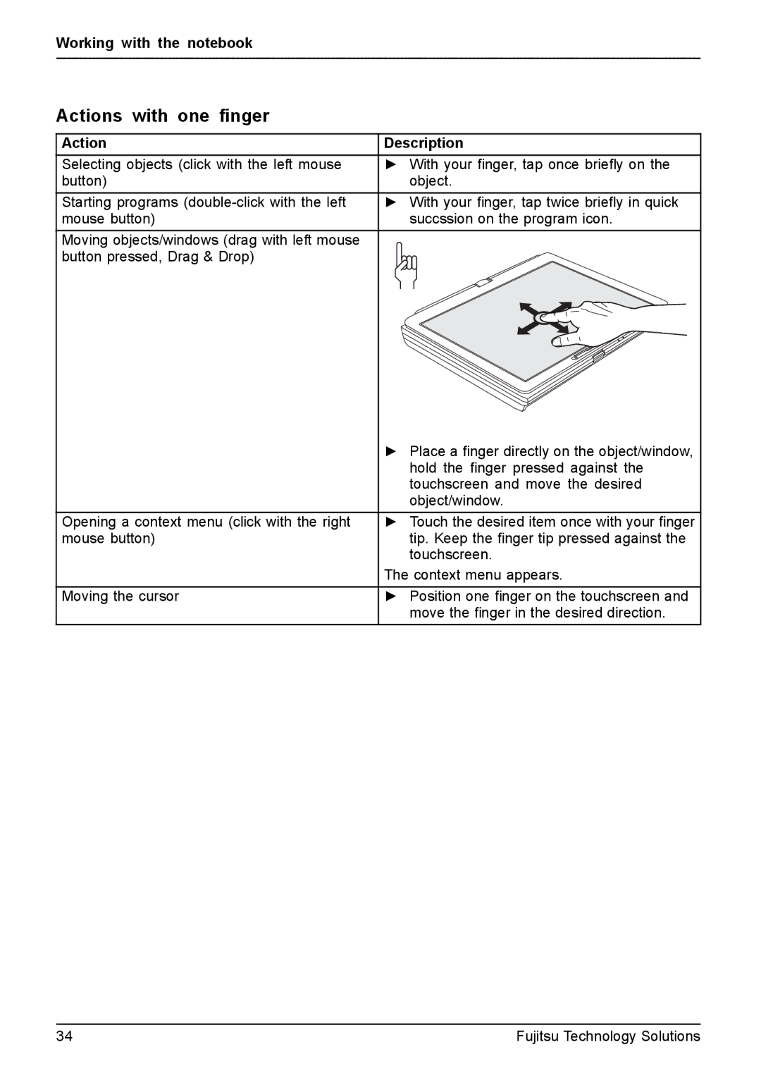 Fujitsu XBUY-T731-W7-001, FPCM11981 manual Actions with one ﬁnger, Action Description 