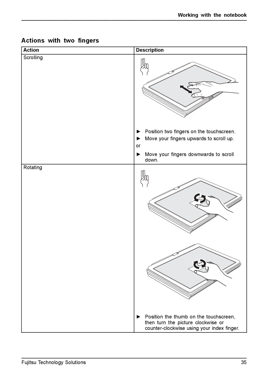 Fujitsu FPCM11981, XBUY-T731-W7-001 manual Actions with two ﬁngers 