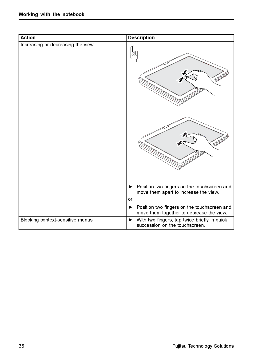 Fujitsu XBUY-T731-W7-001, FPCM11981 manual Working with the notebook Action 