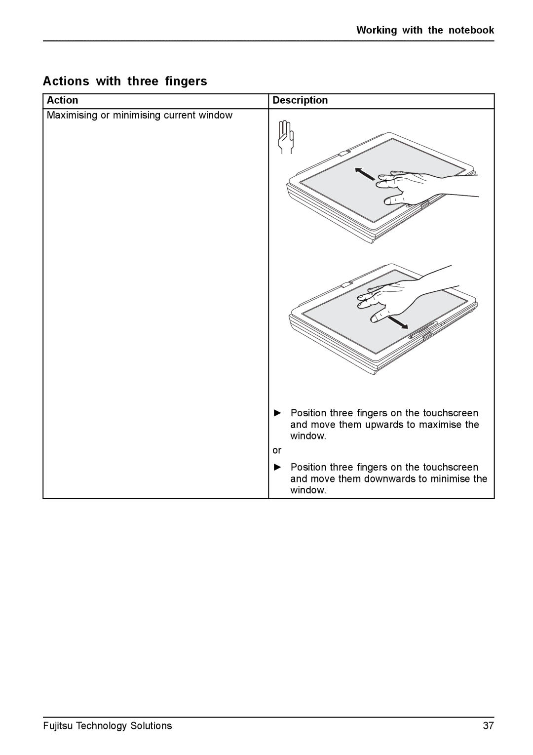 Fujitsu FPCM11981, XBUY-T731-W7-001 manual Actions with three ﬁngers 