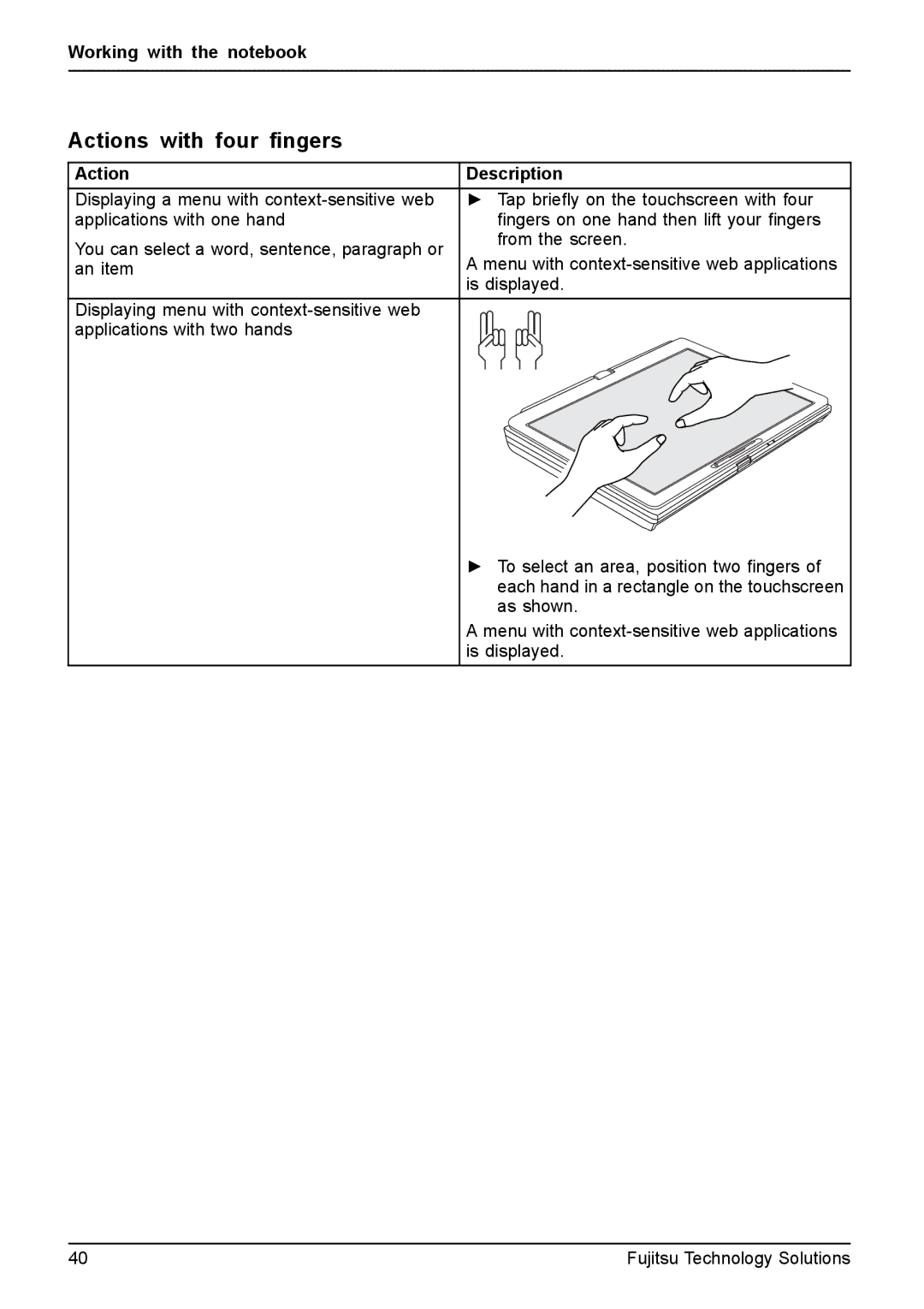 Fujitsu XBUY-T731-W7-001, FPCM11981 manual Actions with four ﬁngers, Working with the notebook 