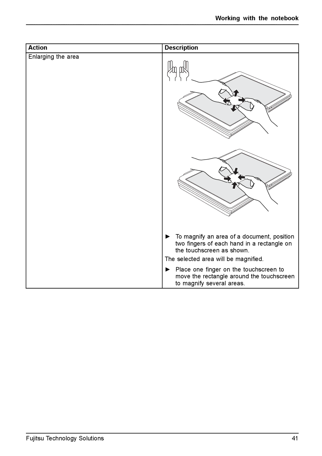 Fujitsu FPCM11981, XBUY-T731-W7-001 manual Working with the notebook Action 