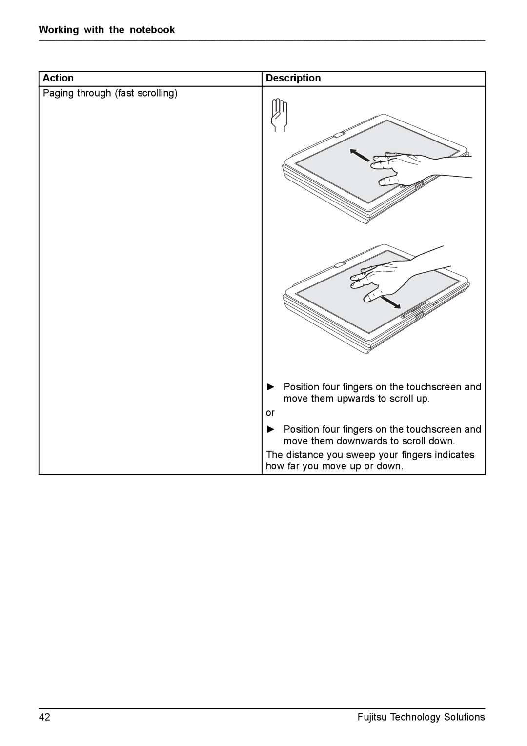 Fujitsu XBUY-T731-W7-001, FPCM11981 manual Working with the notebook Action 