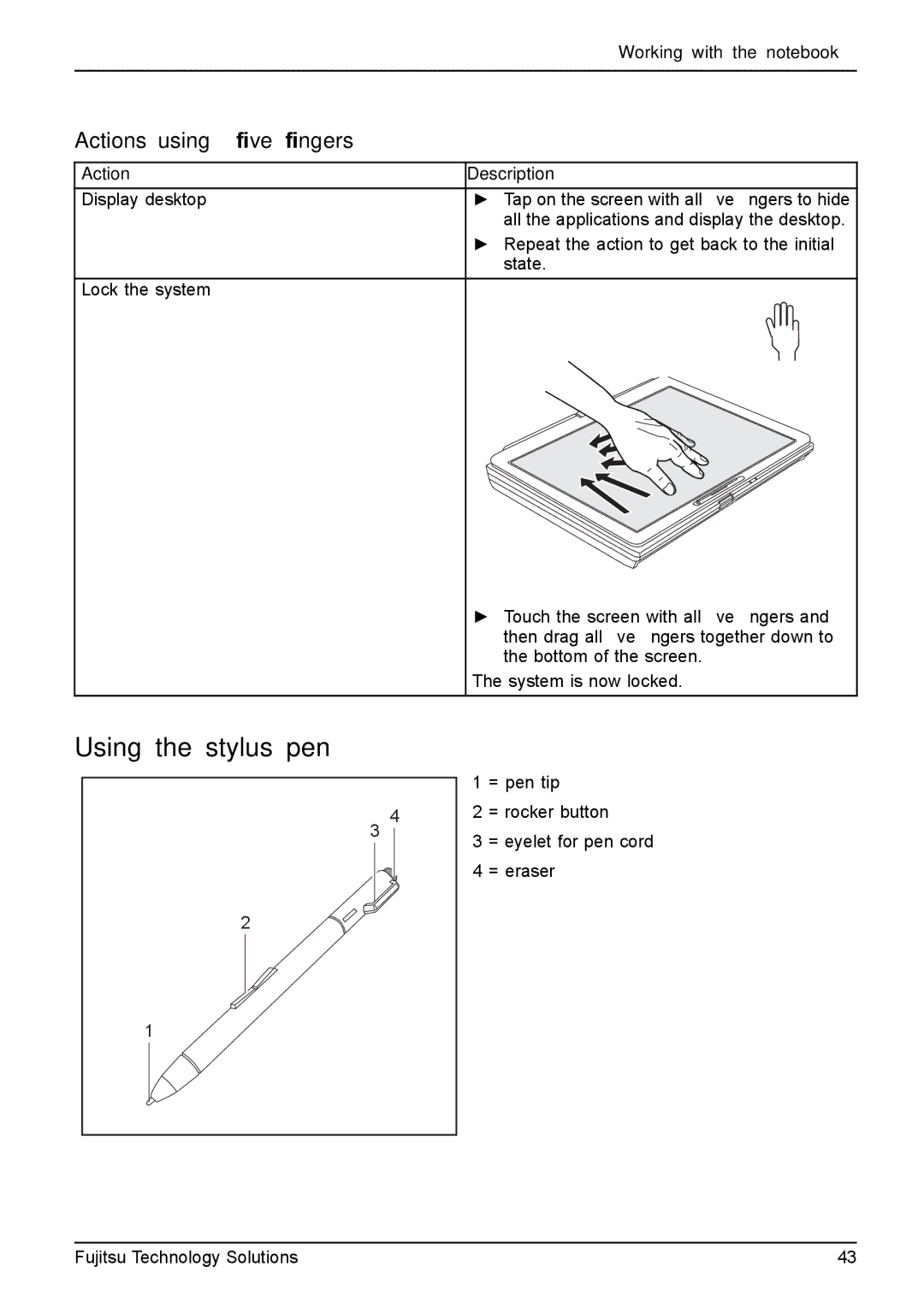 Fujitsu FPCM11981, XBUY-T731-W7-001 manual Using the stylus pen, Actions using ﬁve ﬁngers 