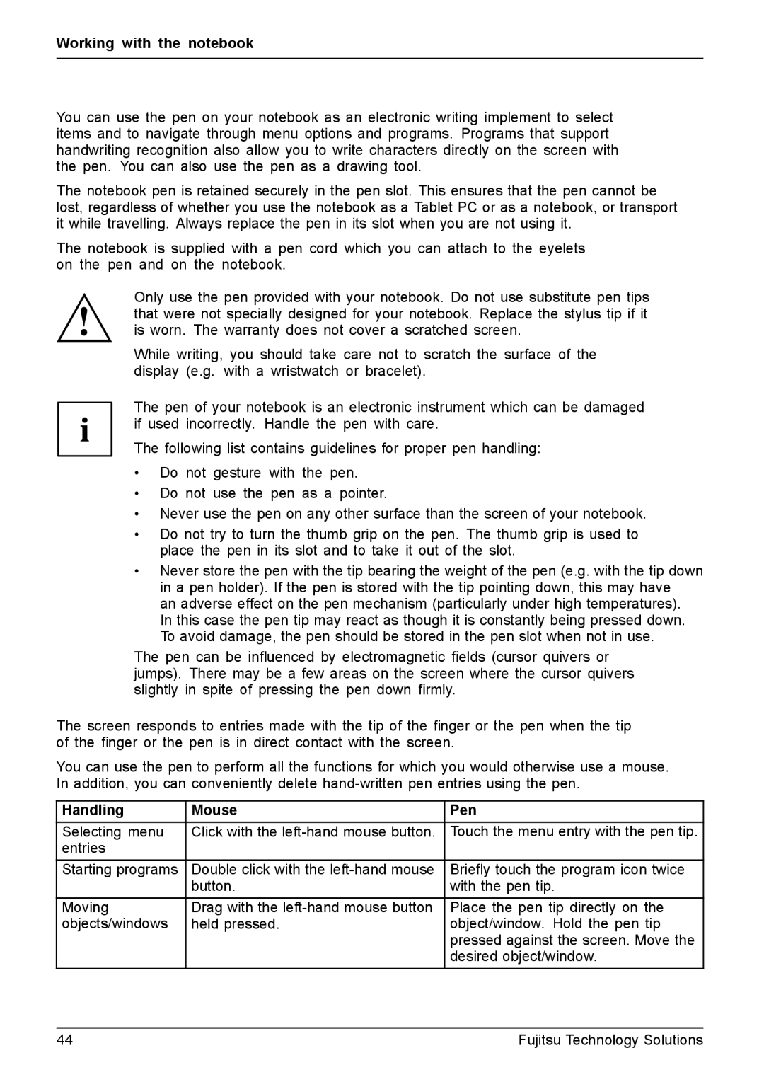 Fujitsu XBUY-T731-W7-001, FPCM11981 manual Working with the notebook, Handling Mouse Pen 