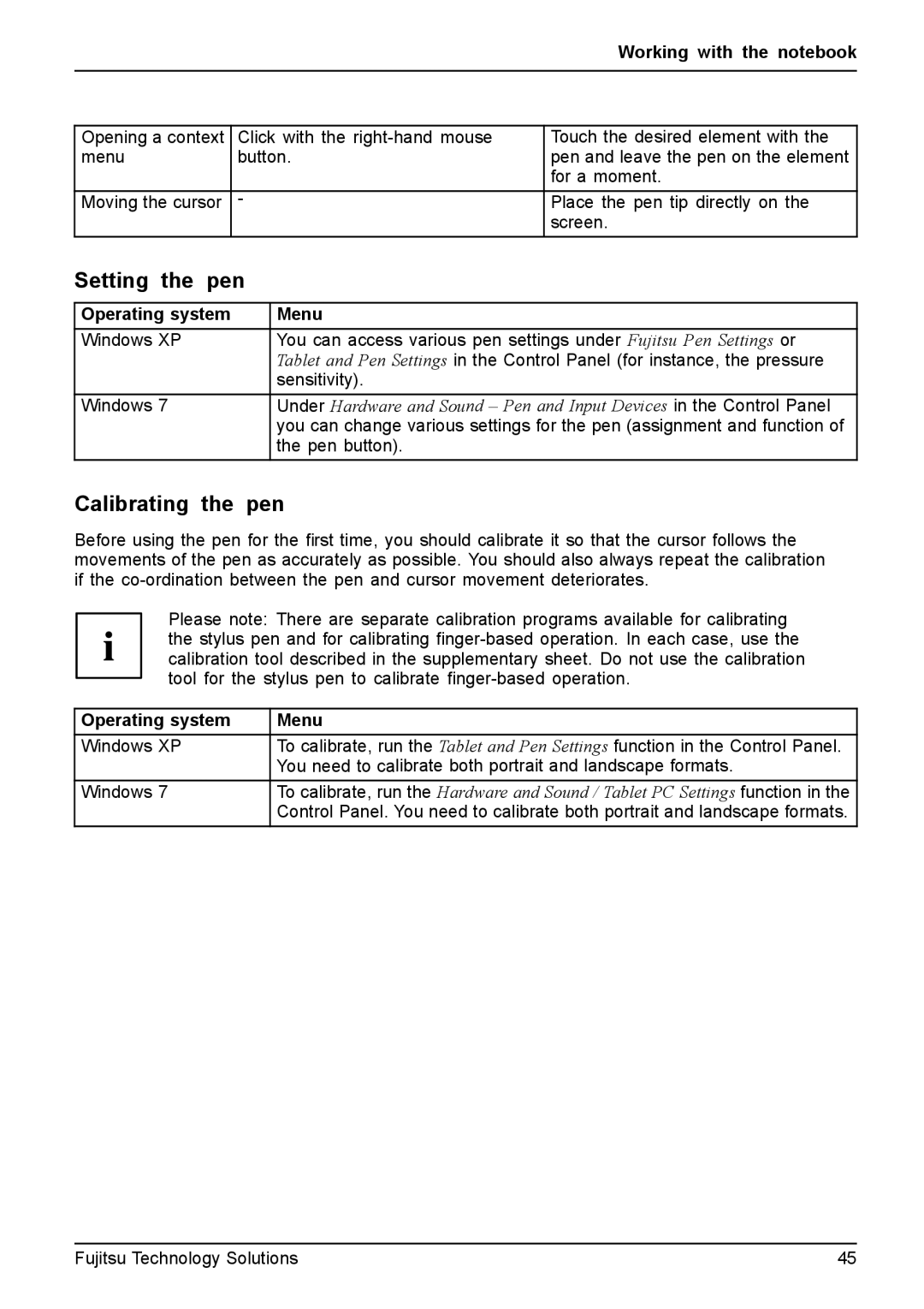 Fujitsu FPCM11981, XBUY-T731-W7-001 manual Setting the pen, Calibrating the pen 