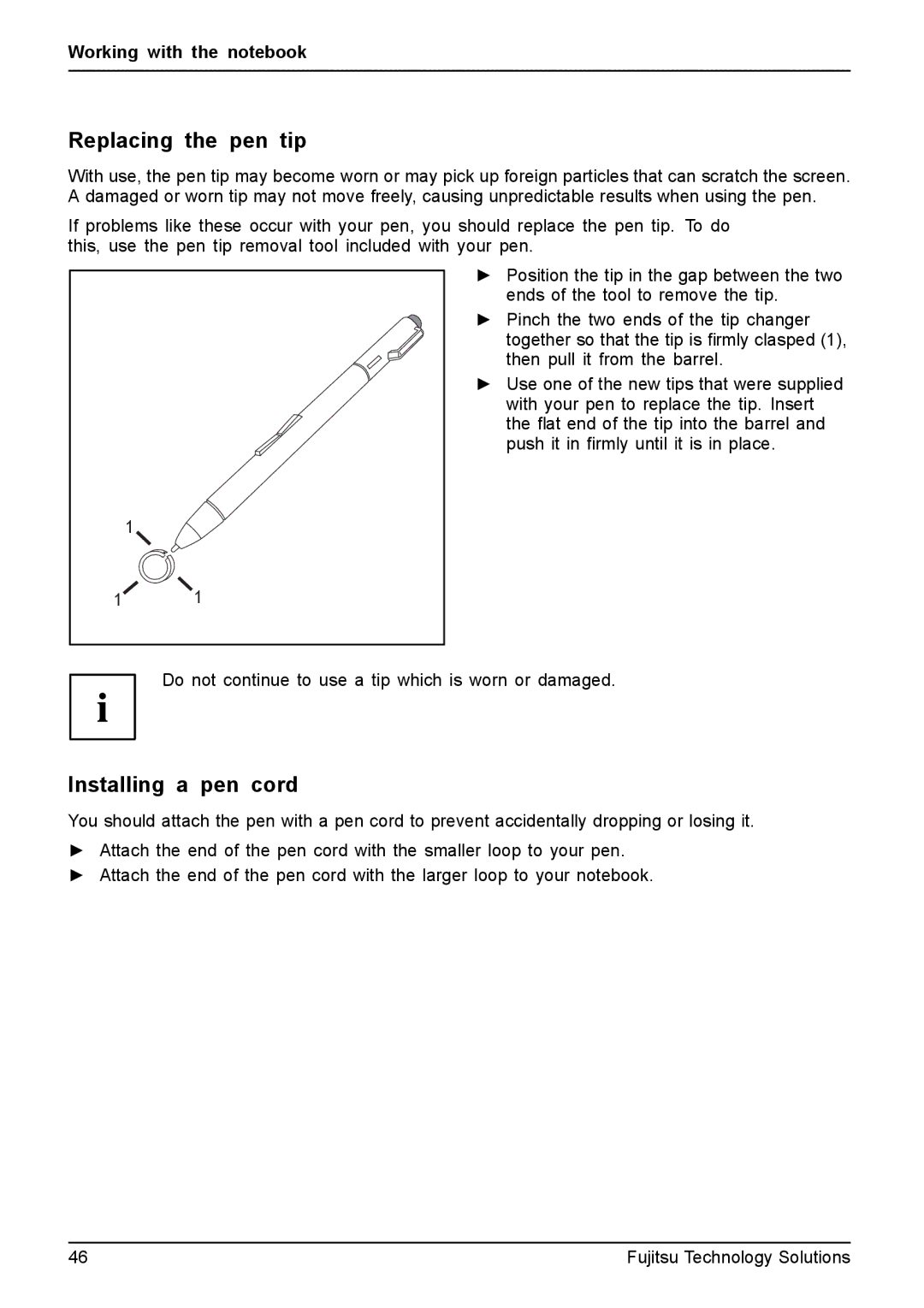 Fujitsu XBUY-T731-W7-001, FPCM11981 manual Replacing the pen tip, Installing a pen cord 