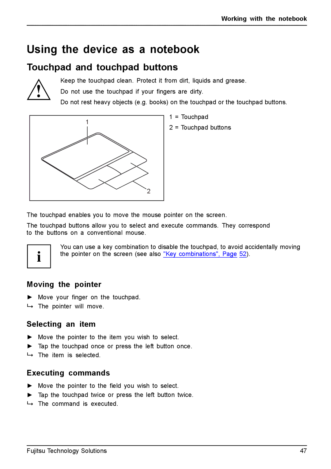 Fujitsu FPCM11981 Using the device as a notebook, Touchpad and touchpad buttons, Moving the pointer, Selecting an item 