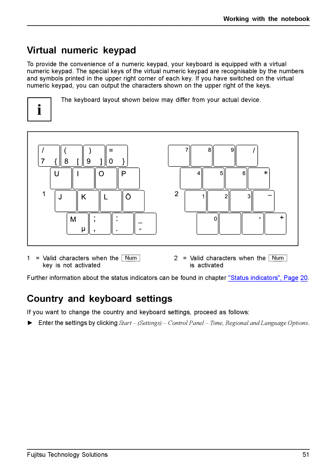 Fujitsu FPCM11981, XBUY-T731-W7-001 manual Virtual numeric keypad, Country and keyboard settings 