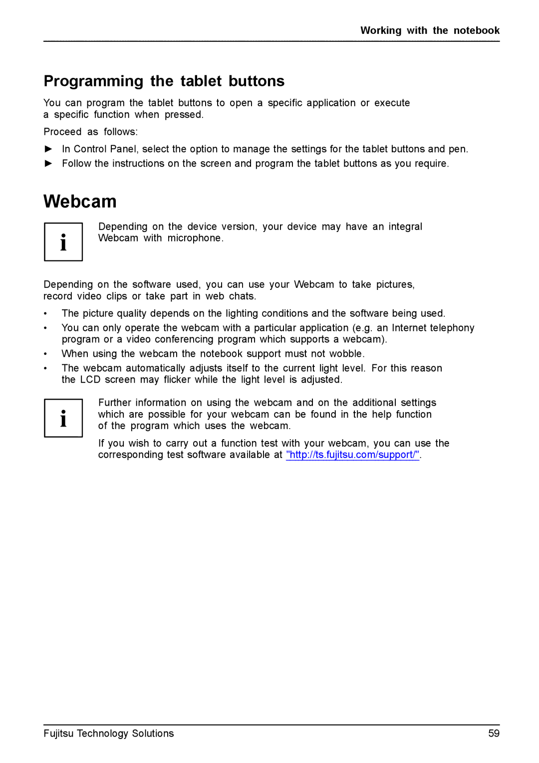 Fujitsu FPCM11981, XBUY-T731-W7-001 manual Webcam, Programming the tablet buttons 