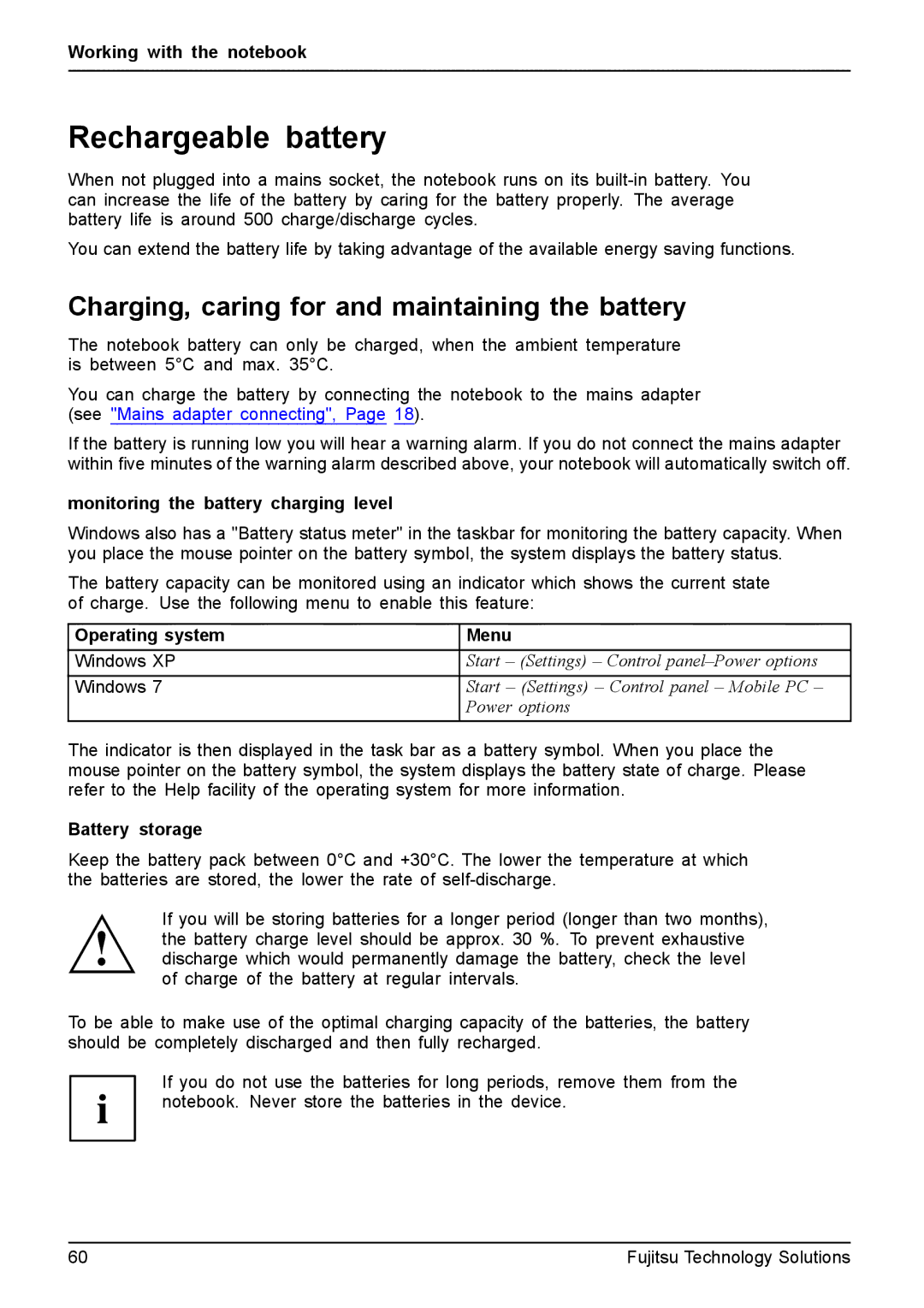 Fujitsu XBUY-T731-W7-001 manual Rechargeable battery, Charging, caring for and maintaining the battery, Battery storage 