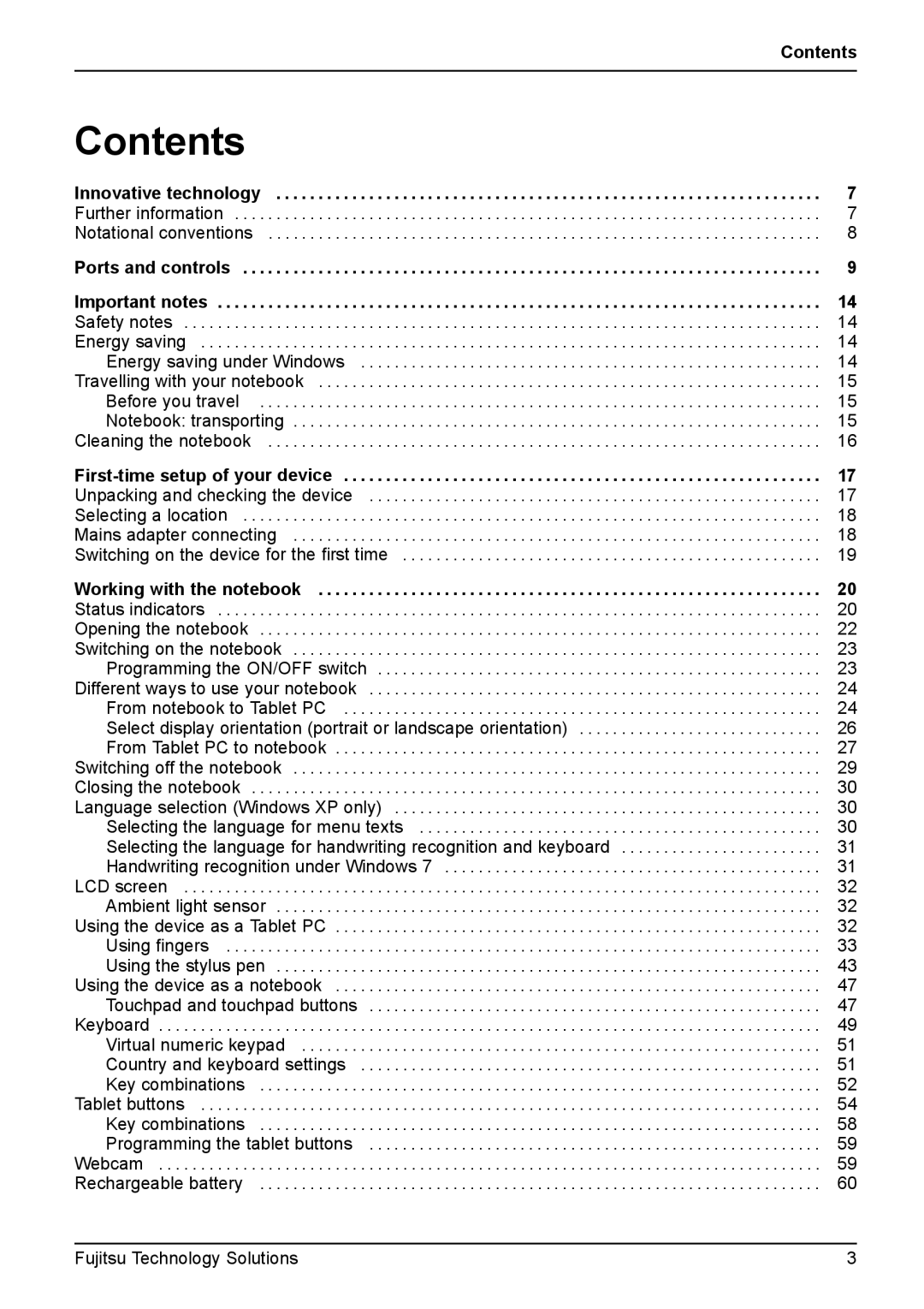 Fujitsu FPCM11981, XBUY-T731-W7-001 manual Contents 