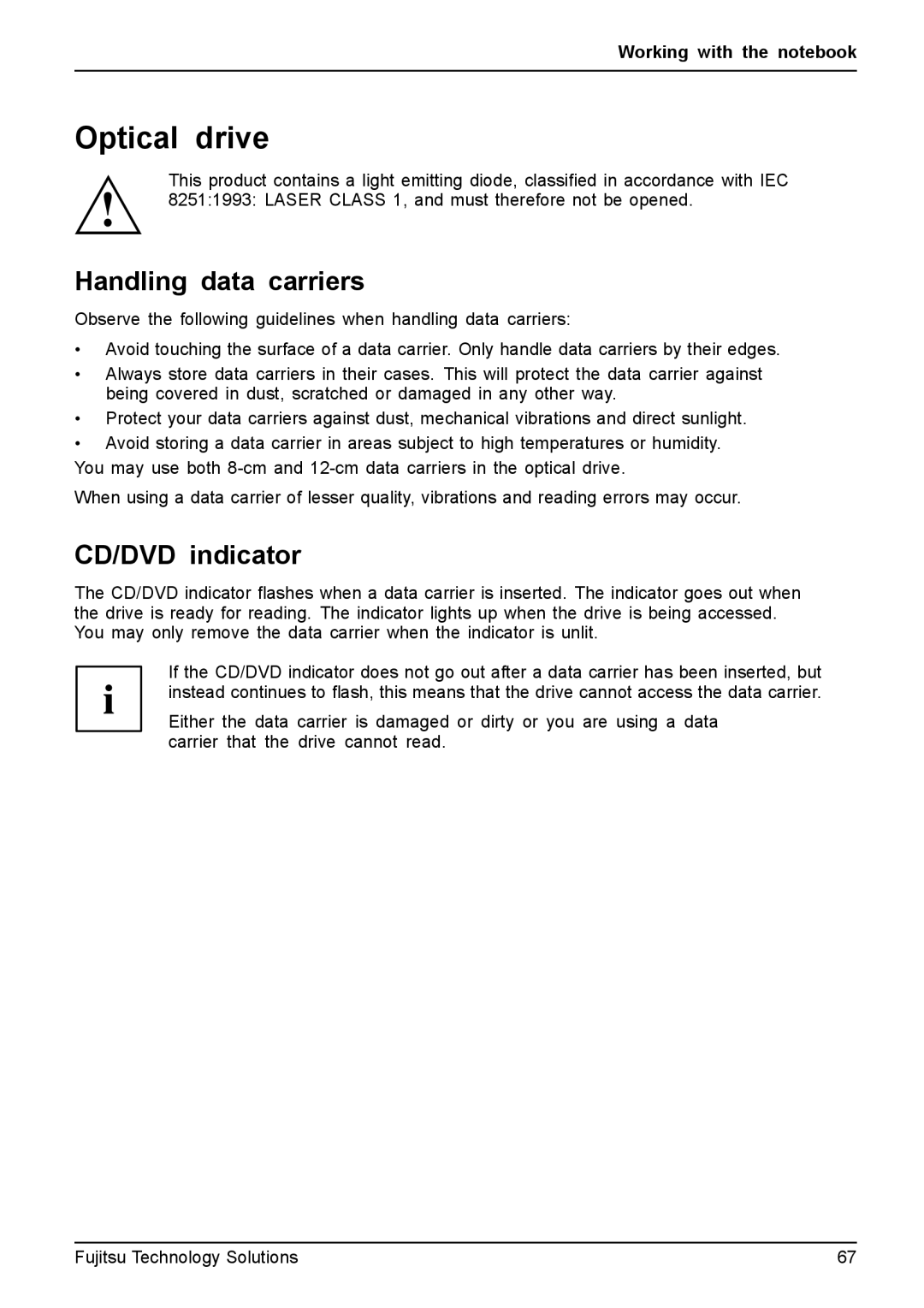 Fujitsu FPCM11981, XBUY-T731-W7-001 manual Optical drive, Handling data carriers, CD/DVD indicator 