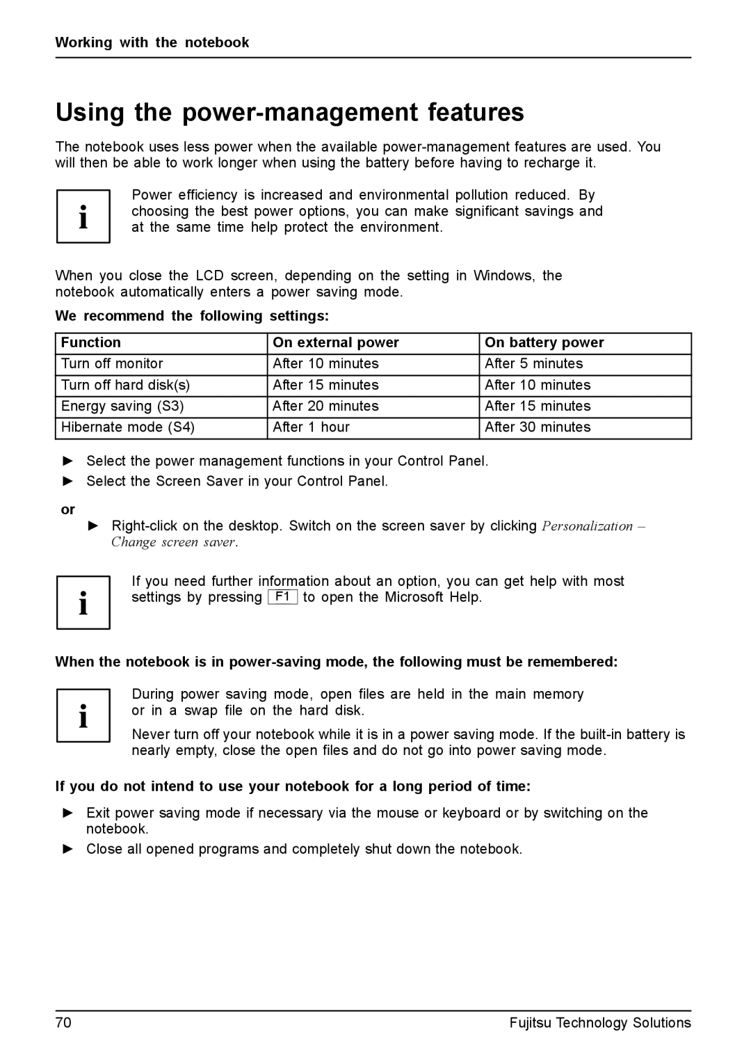 Fujitsu XBUY-T731-W7-001, FPCM11981 manual Using the power-management features 