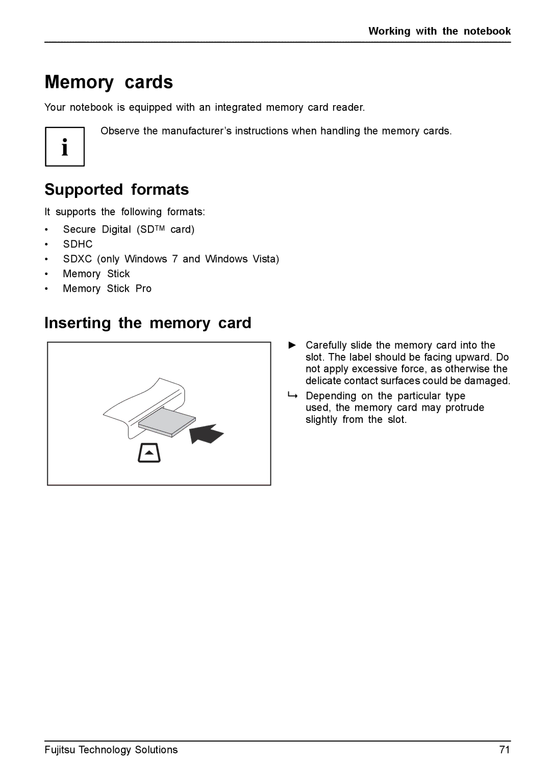 Fujitsu FPCM11981, XBUY-T731-W7-001 manual Memory cards, Supported formats, Inserting the memory card 