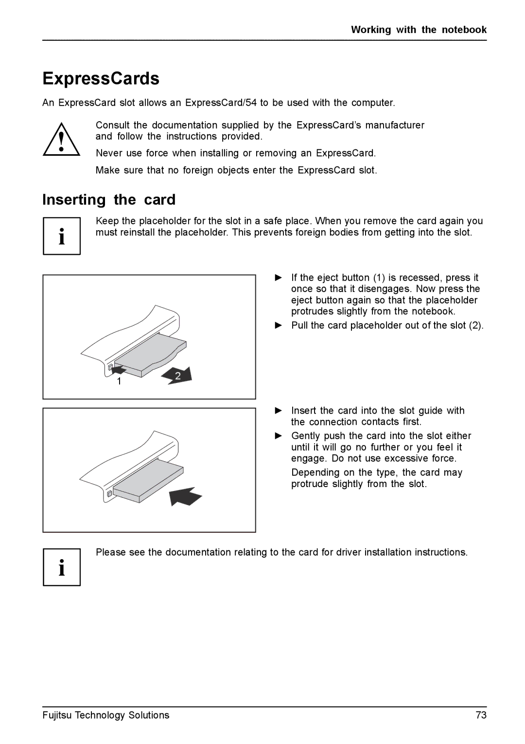 Fujitsu FPCM11981, XBUY-T731-W7-001 manual ExpressCards, Inserting the card 