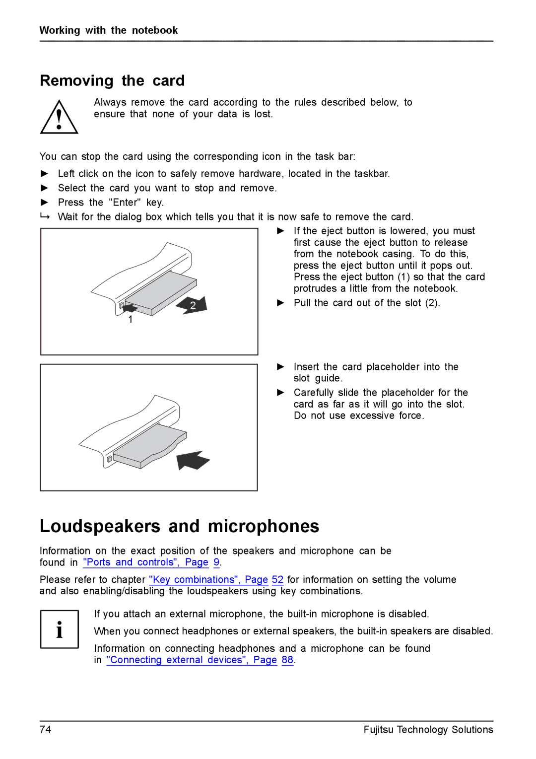 Fujitsu XBUY-T731-W7-001, FPCM11981 manual Loudspeakers and microphones, Removing the card 