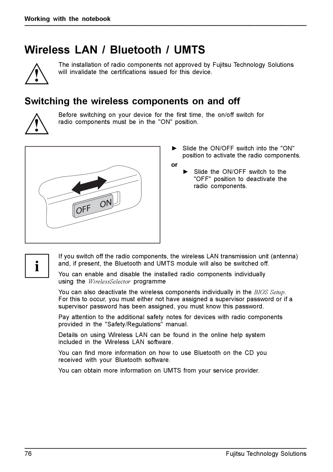 Fujitsu XBUY-T731-W7-001, FPCM11981 manual Wireless LAN / Bluetooth / Umts, Switching the wireless components on and off 