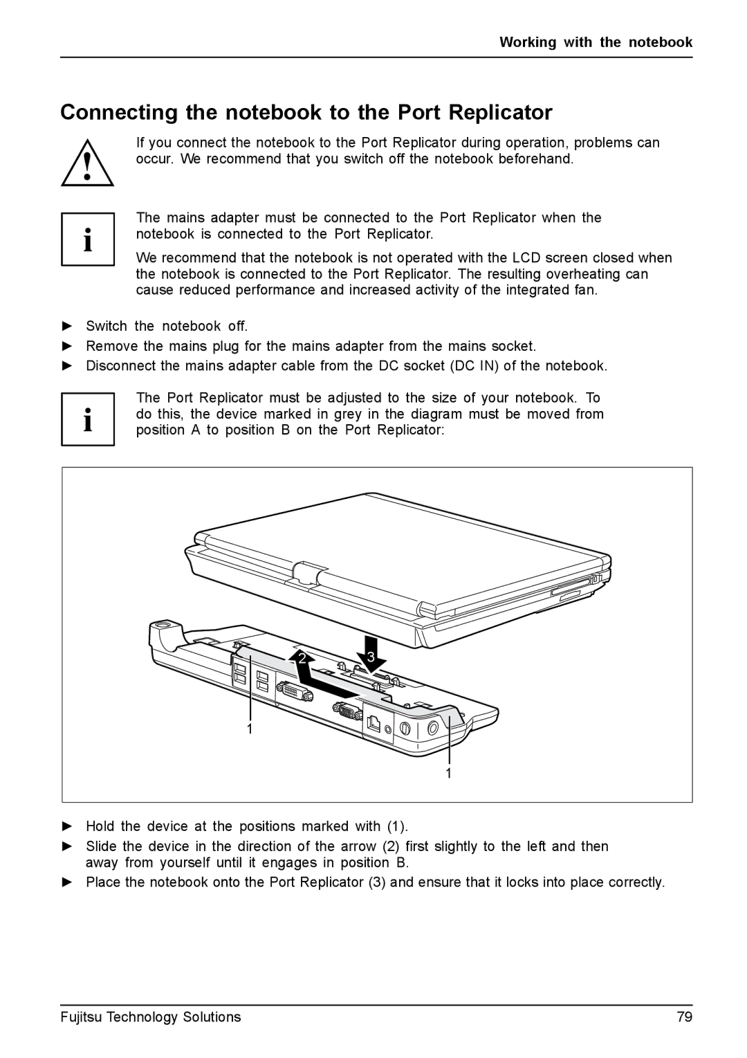 Fujitsu FPCM11981, XBUY-T731-W7-001 manual Connecting the notebook to the Port Replicator 