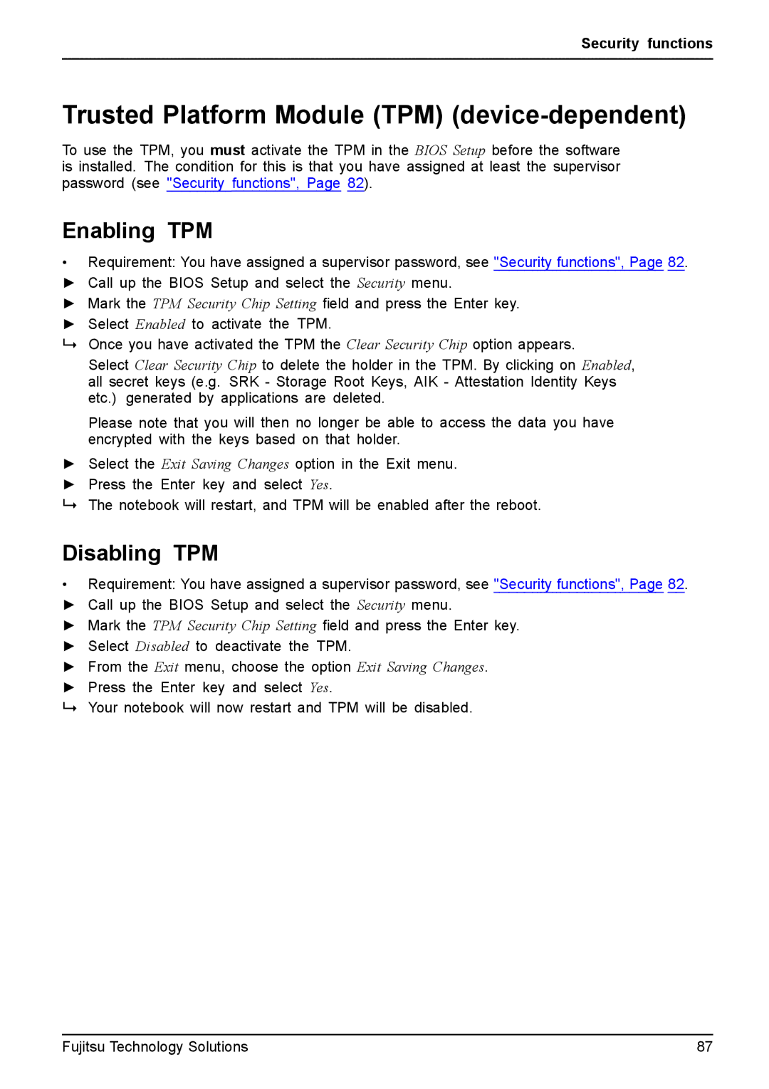 Fujitsu FPCM11981, XBUY-T731-W7-001 manual Trusted Platform Module TPM device-dependent, Enabling TPM, Disabling TPM 