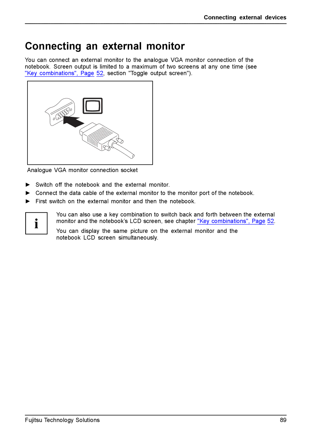 Fujitsu FPCM11981, XBUY-T731-W7-001 manual Connecting an external monitor 