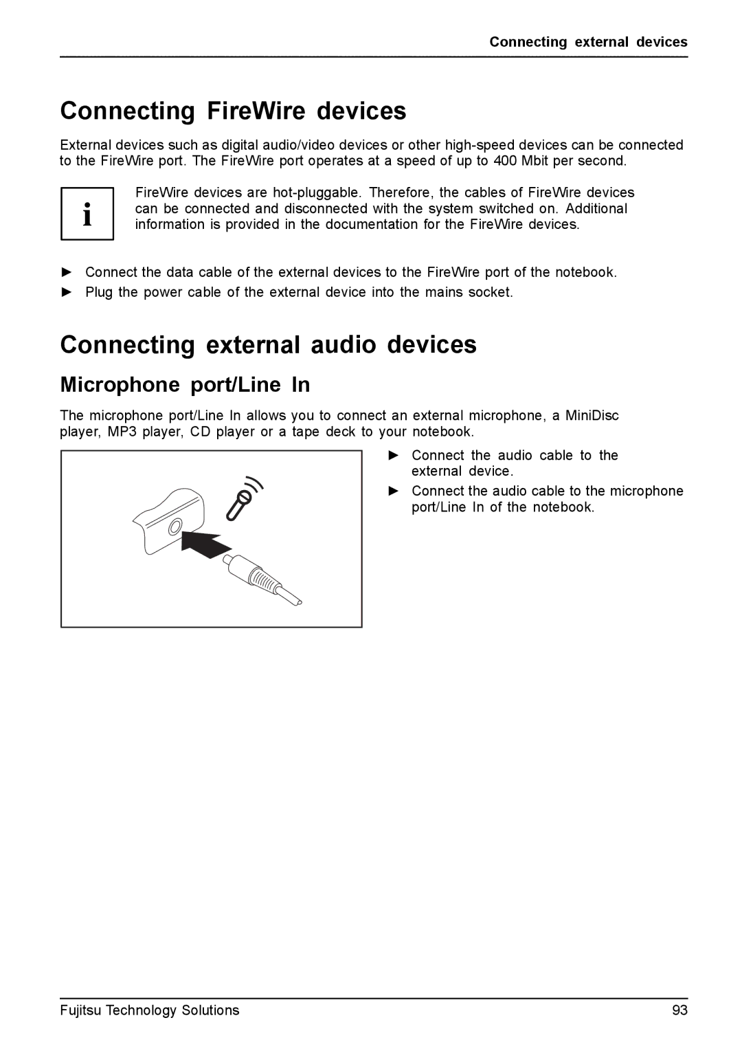 Fujitsu FPCM11981, XBUY-T731-W7-001 Connecting FireWire devices, Connecting external audio devices, Microphone port/Line 