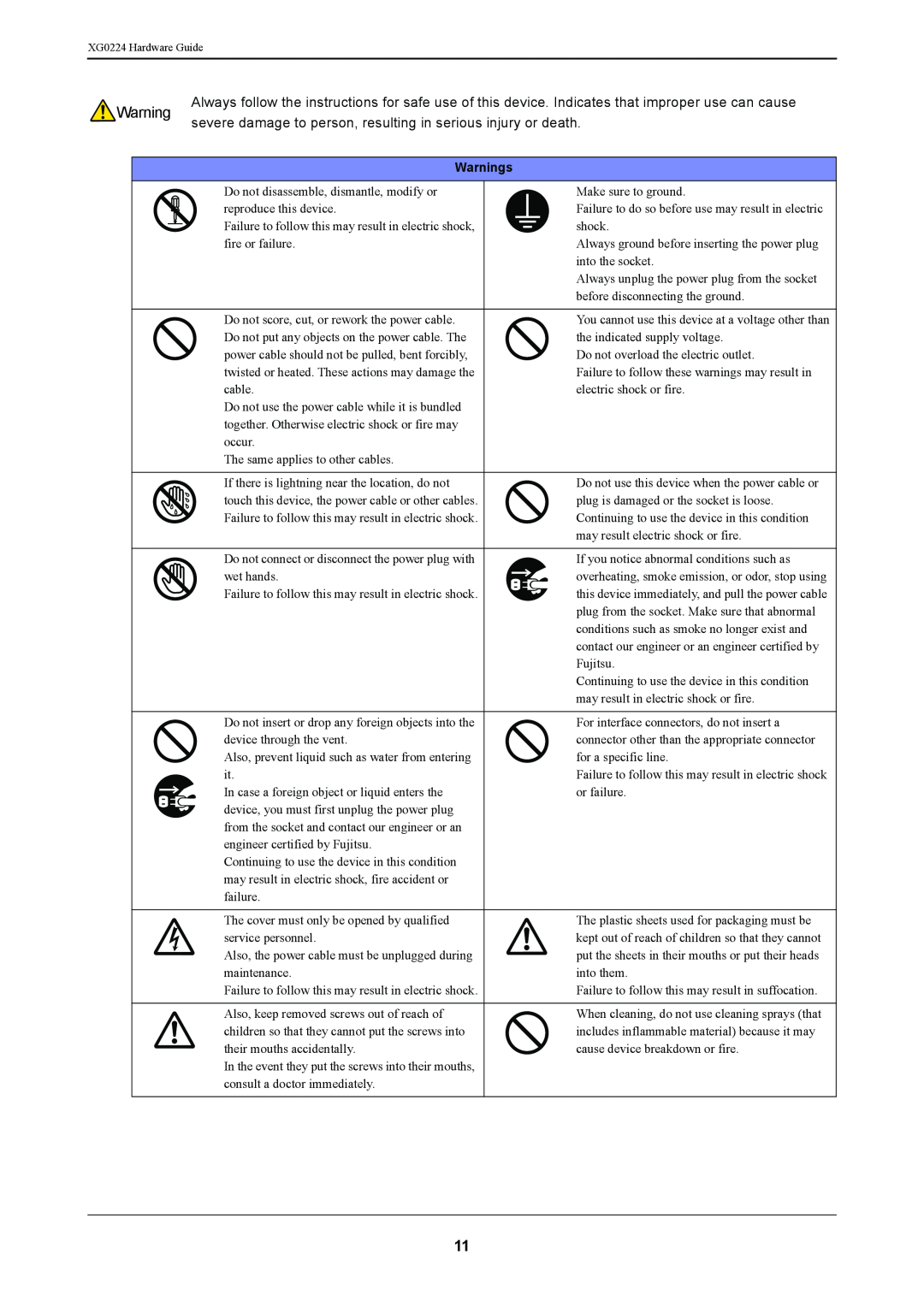Fujitsu XG0224 manual Warnings 