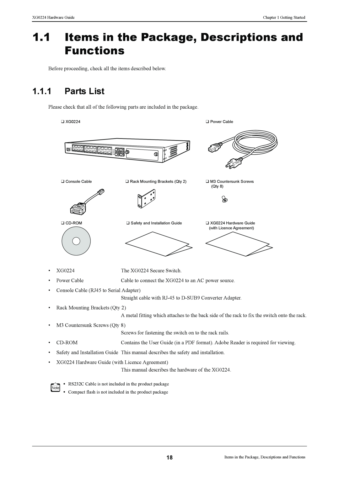 Fujitsu XG0224 manual Items in the Package, Descriptions and Functions, Parts List 