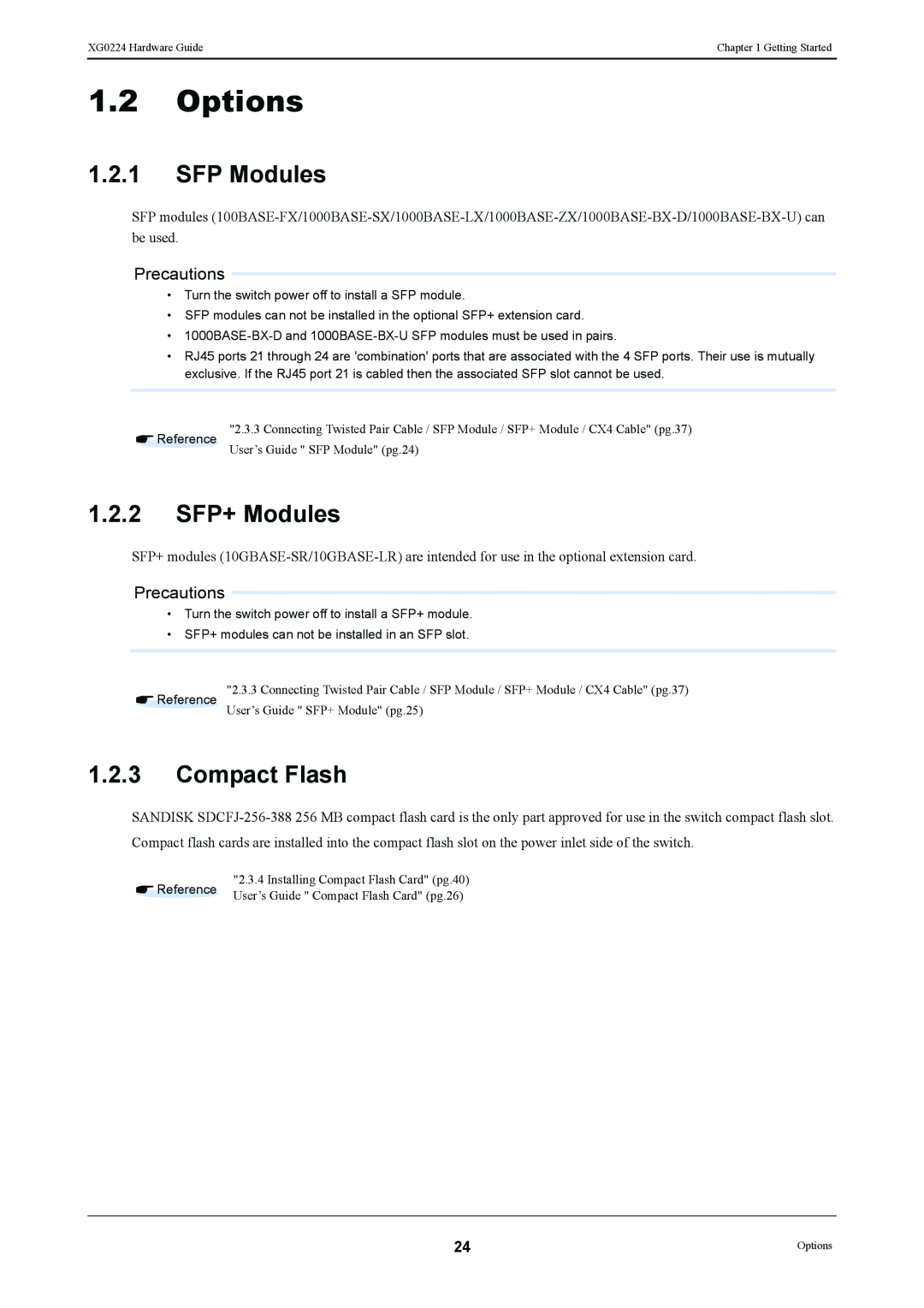 Fujitsu XG0224 manual Options, SFP Modules, 1.2.2 SFP+ Modules, Compact Flash 