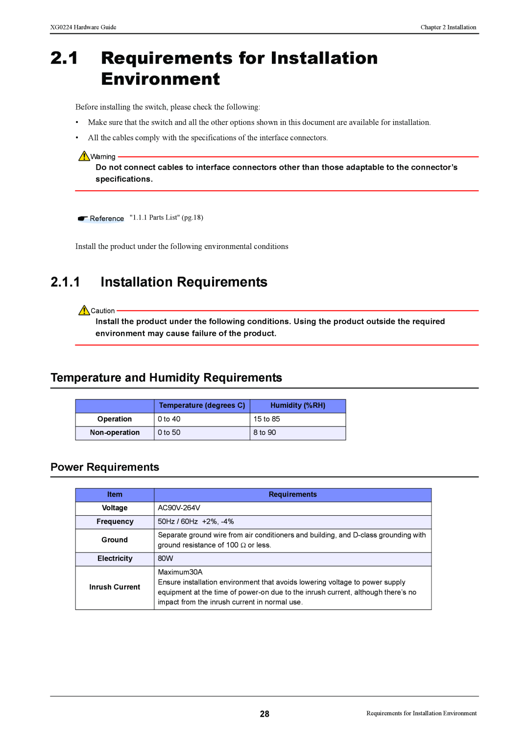 Fujitsu XG0224 Requirements for Installation Environment, Installation Requirements, Temperature and Humidity Requirements 