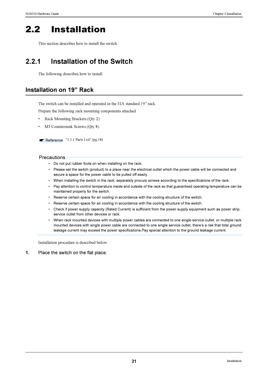 Fujitsu XG0224 manual Installation of the Switch, Installation on 19” Rack 