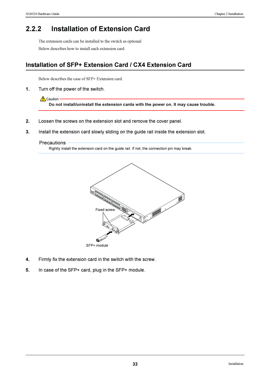 Fujitsu XG0224 manual Installation of Extension Card, Installation of SFP+ Extension Card / CX4 Extension Card 