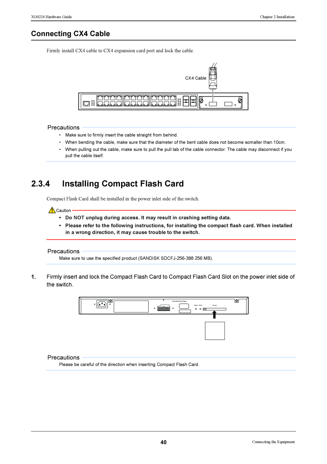 Fujitsu XG0224 manual Installing Compact Flash Card, Connecting CX4 Cable 