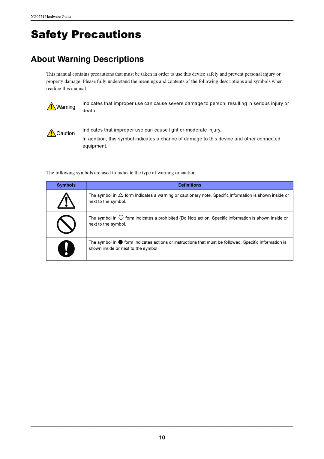 Fujitsu XG0224 manual Safety Precautions, About Warning Descriptions, Symbols Definitions 