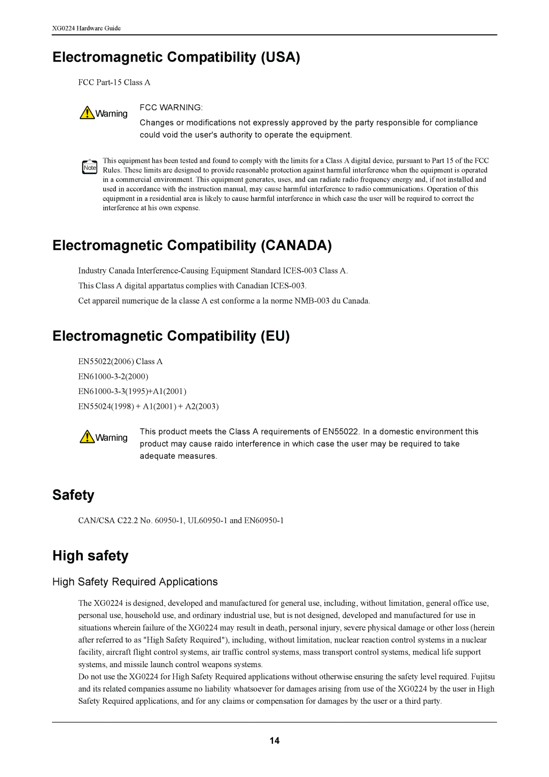 Fujitsu XG0224 Electromagnetic Compatibility USA, Electromagnetic Compatibility Canada, Electromagnetic Compatibility EU 