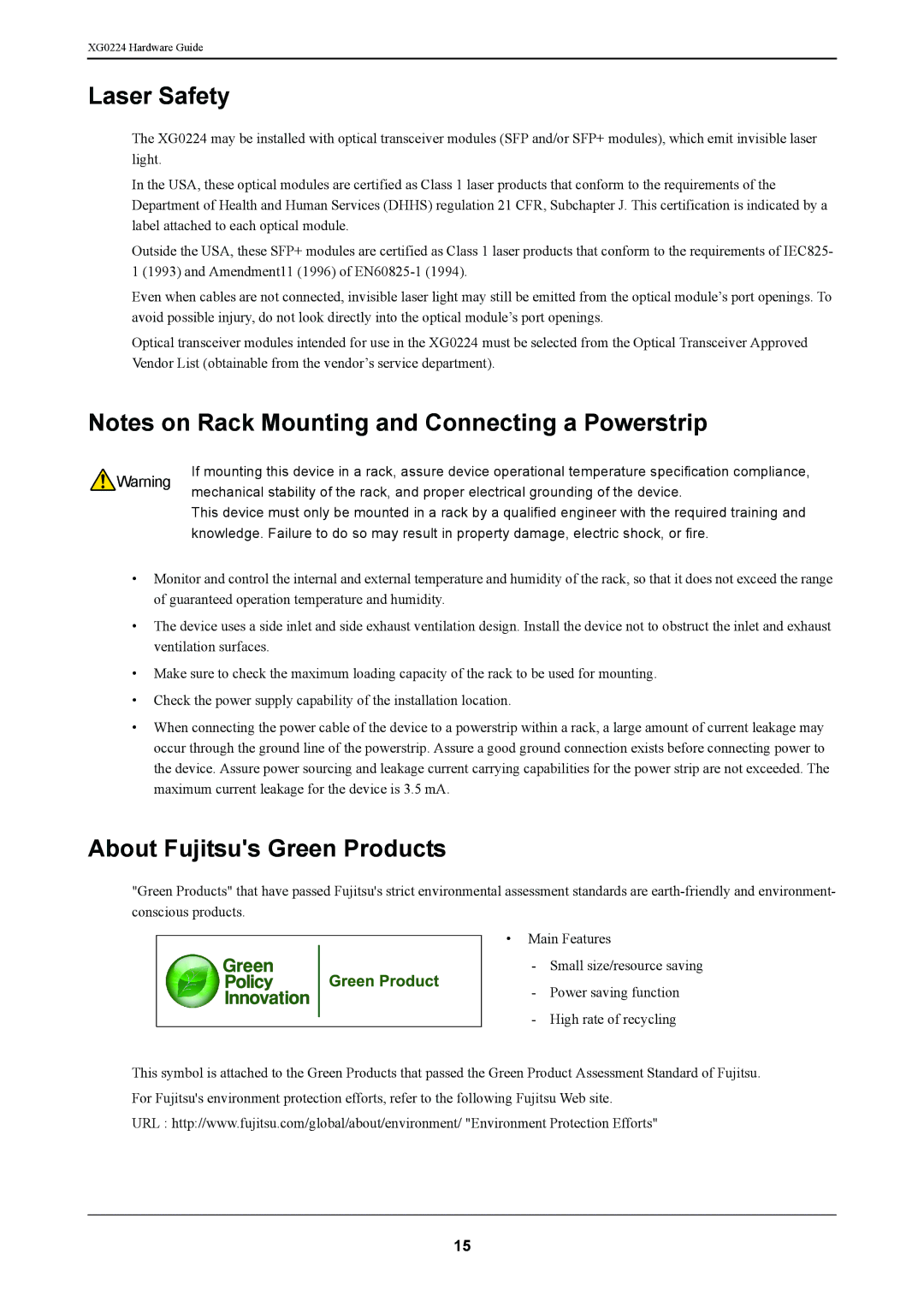 Fujitsu XG0224 manual Laser Safety, About Fujitsus Green Products 