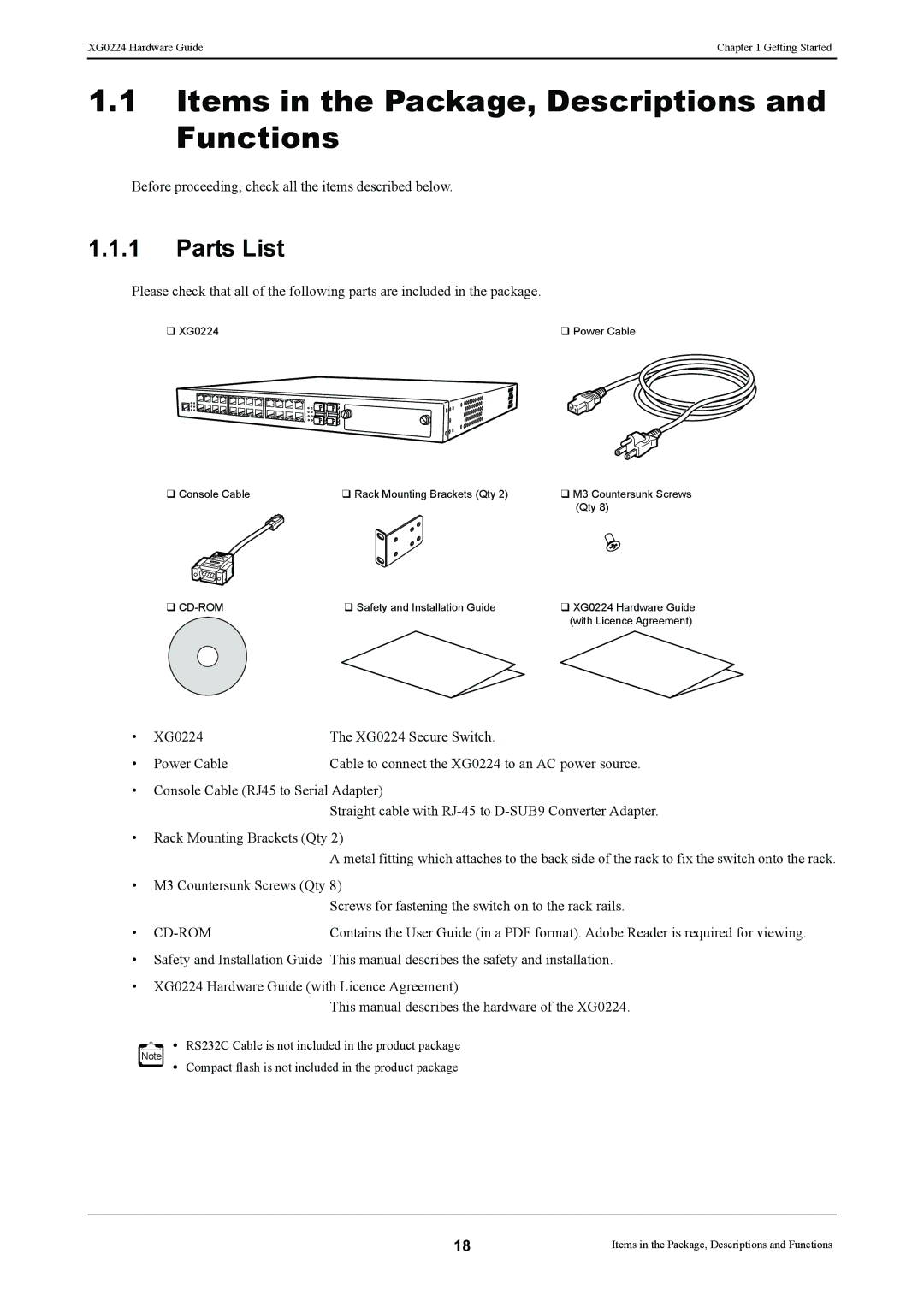 Fujitsu XG0224 manual Items in the Package, Descriptions and Functions, Parts List 