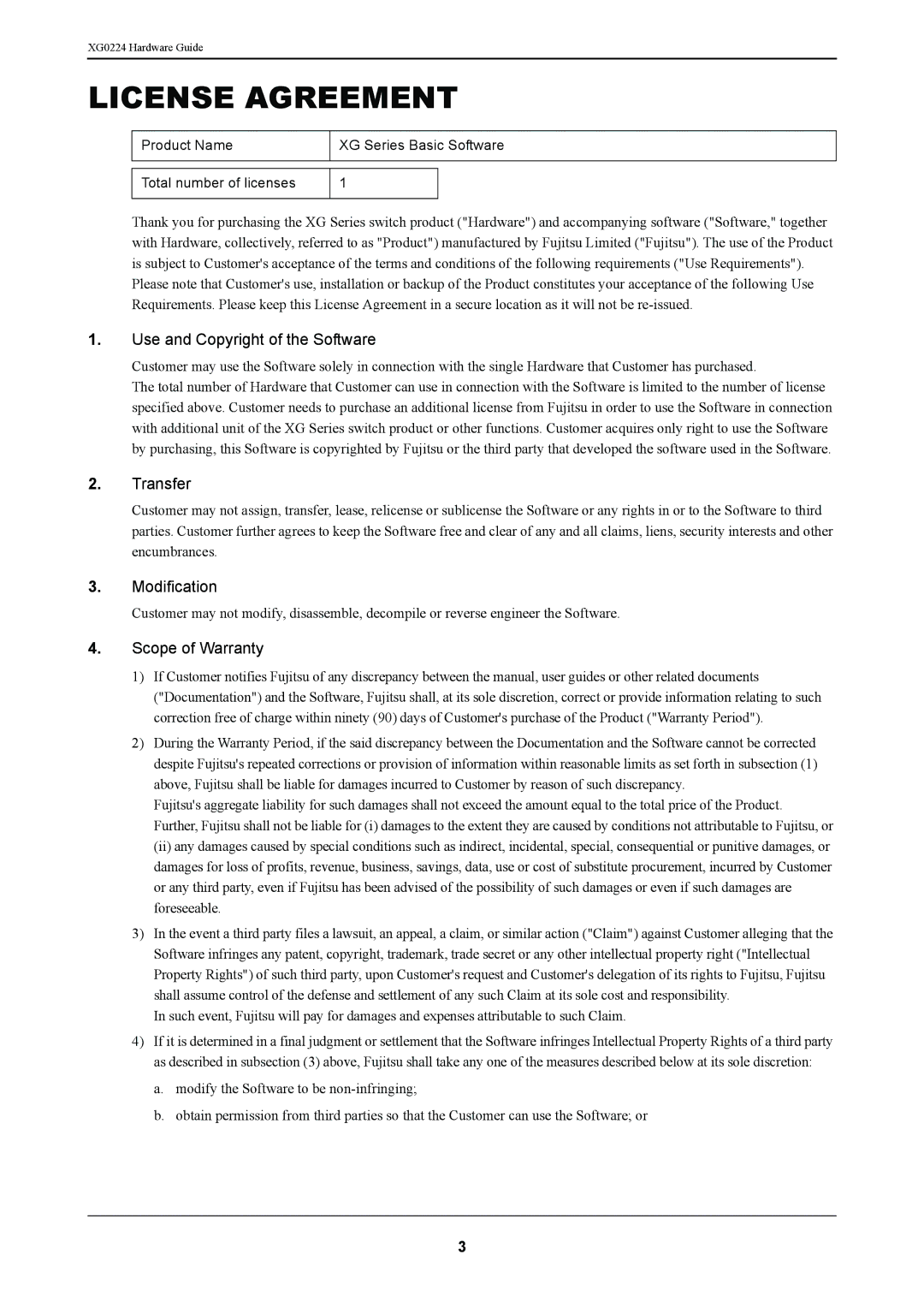 Fujitsu XG0224 manual License Agreement 