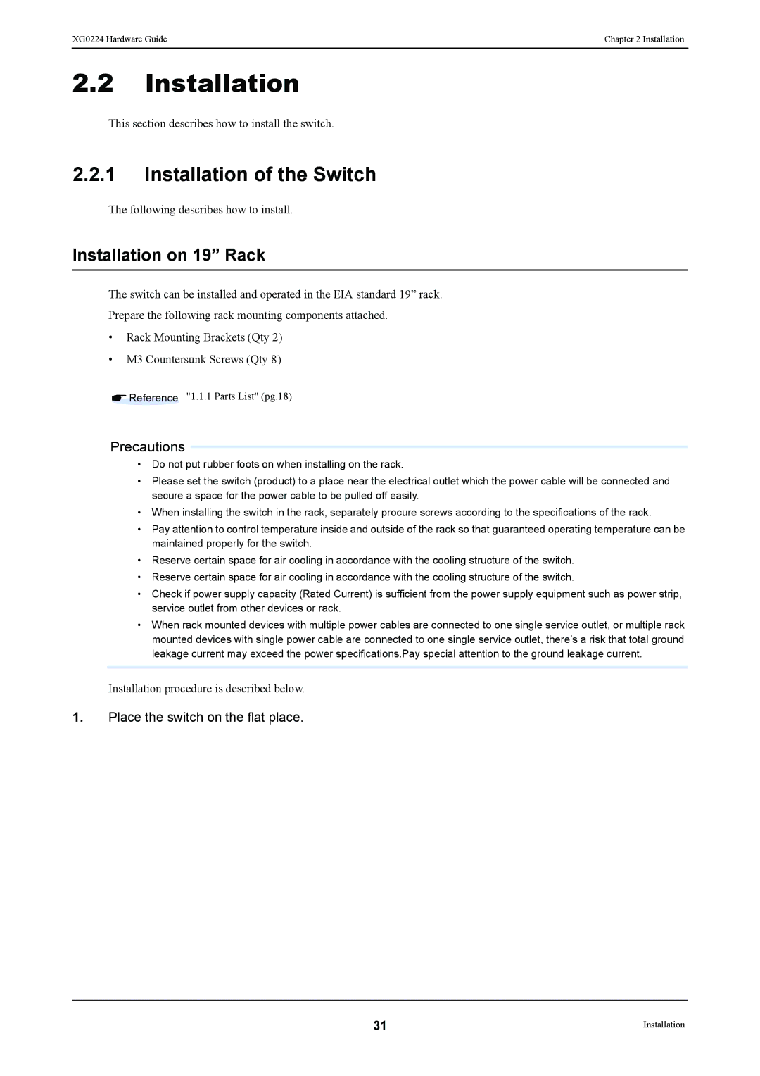 Fujitsu XG0224 manual Installation of the Switch, Installation on 19 Rack 