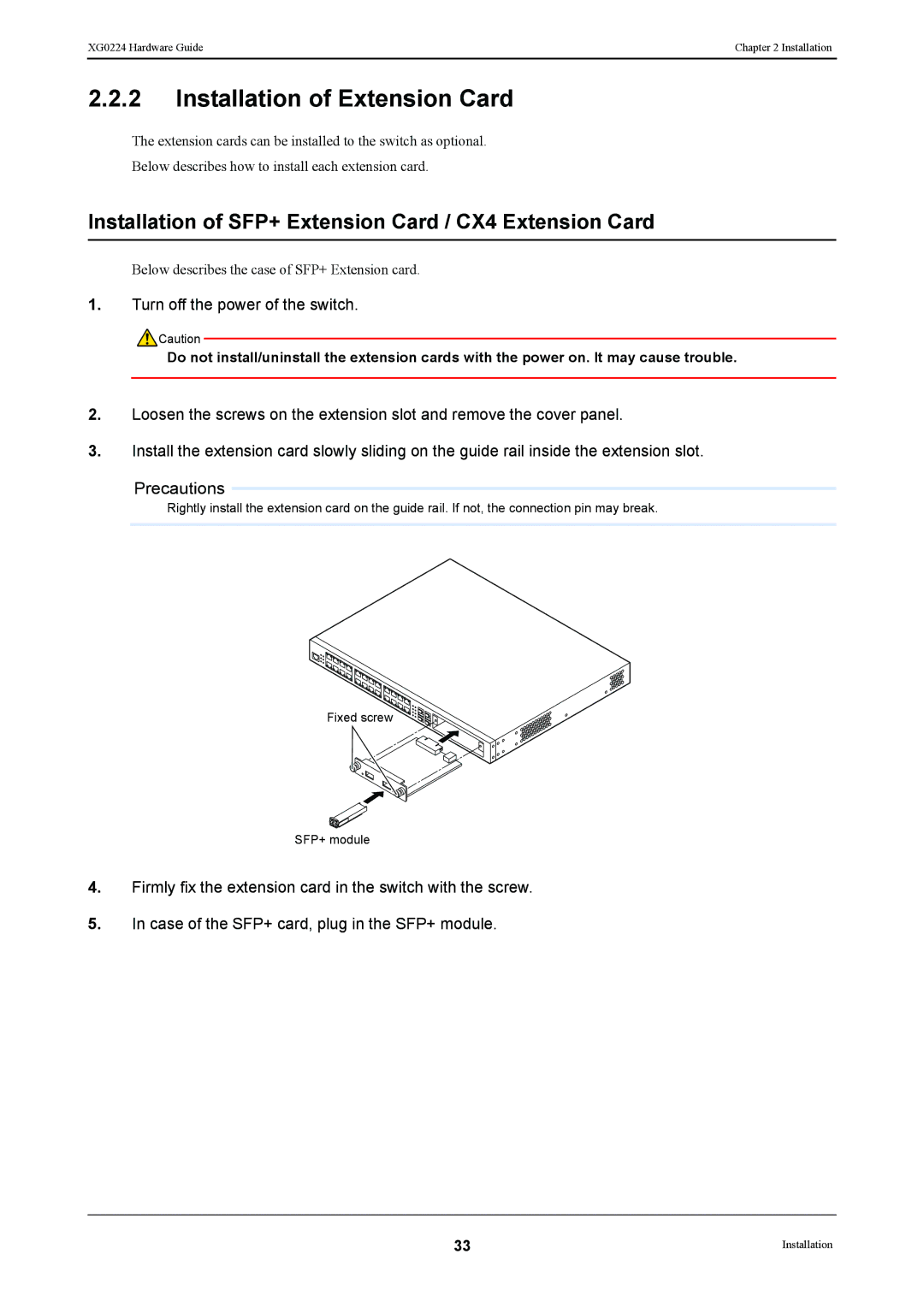 Fujitsu XG0224 manual Installation of Extension Card, Installation of SFP+ Extension Card / CX4 Extension Card 