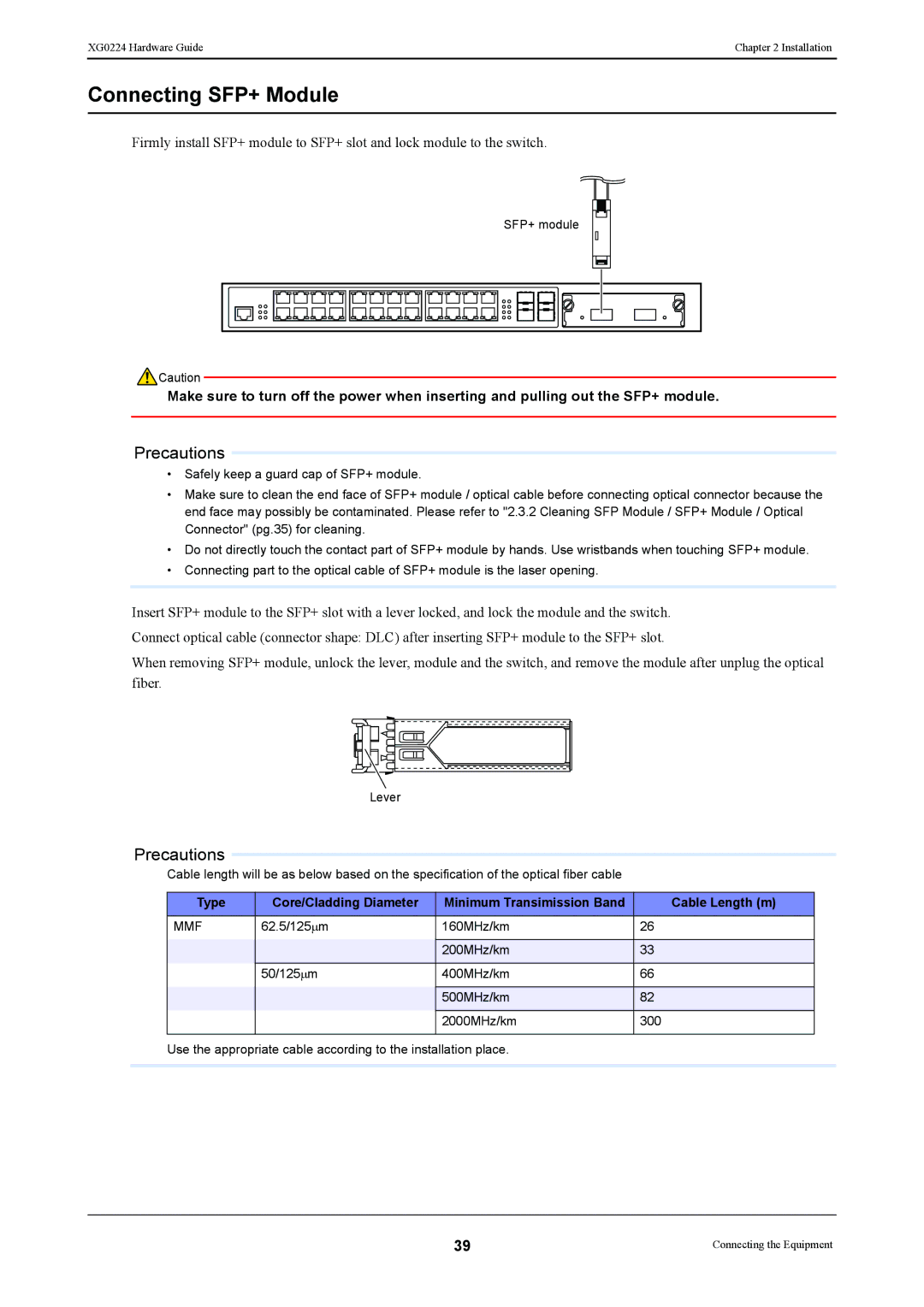 Fujitsu XG0224 manual Connecting SFP+ Module, Type Core/Cladding Diameter, Cable Length m 