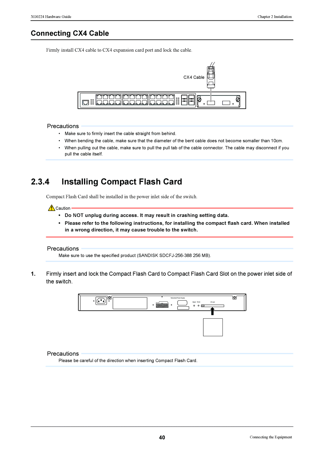 Fujitsu XG0224 manual Installing Compact Flash Card, Connecting CX4 Cable 