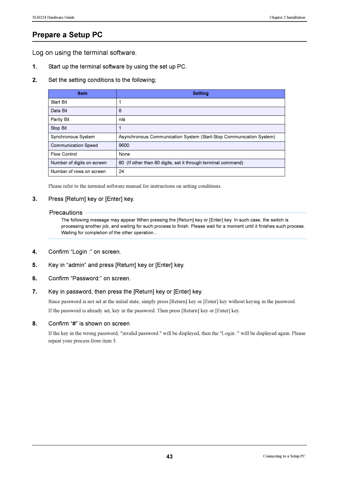 Fujitsu XG0224 manual Prepare a Setup PC, Log on using the terminal software, Setting 