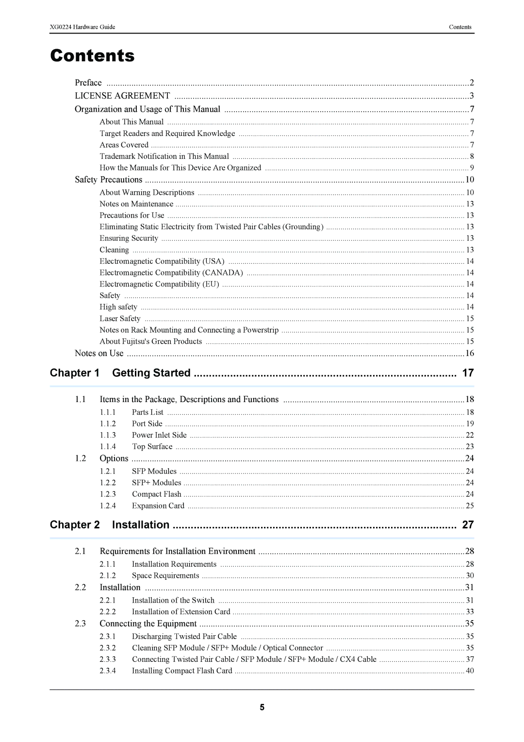 Fujitsu XG0224 manual Contents 