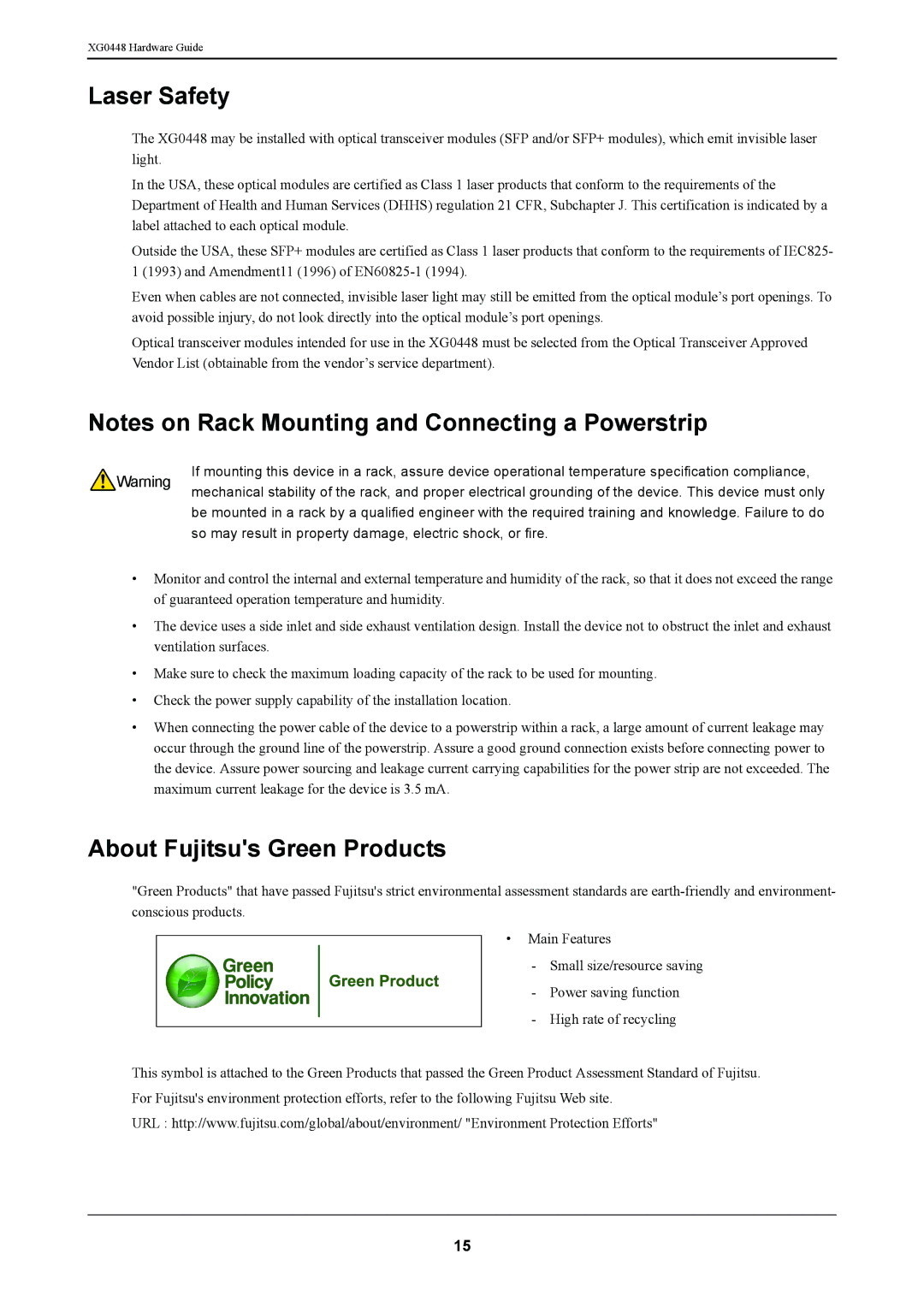 Fujitsu XG0448 manual Laser Safety, About Fujitsus Green Products 